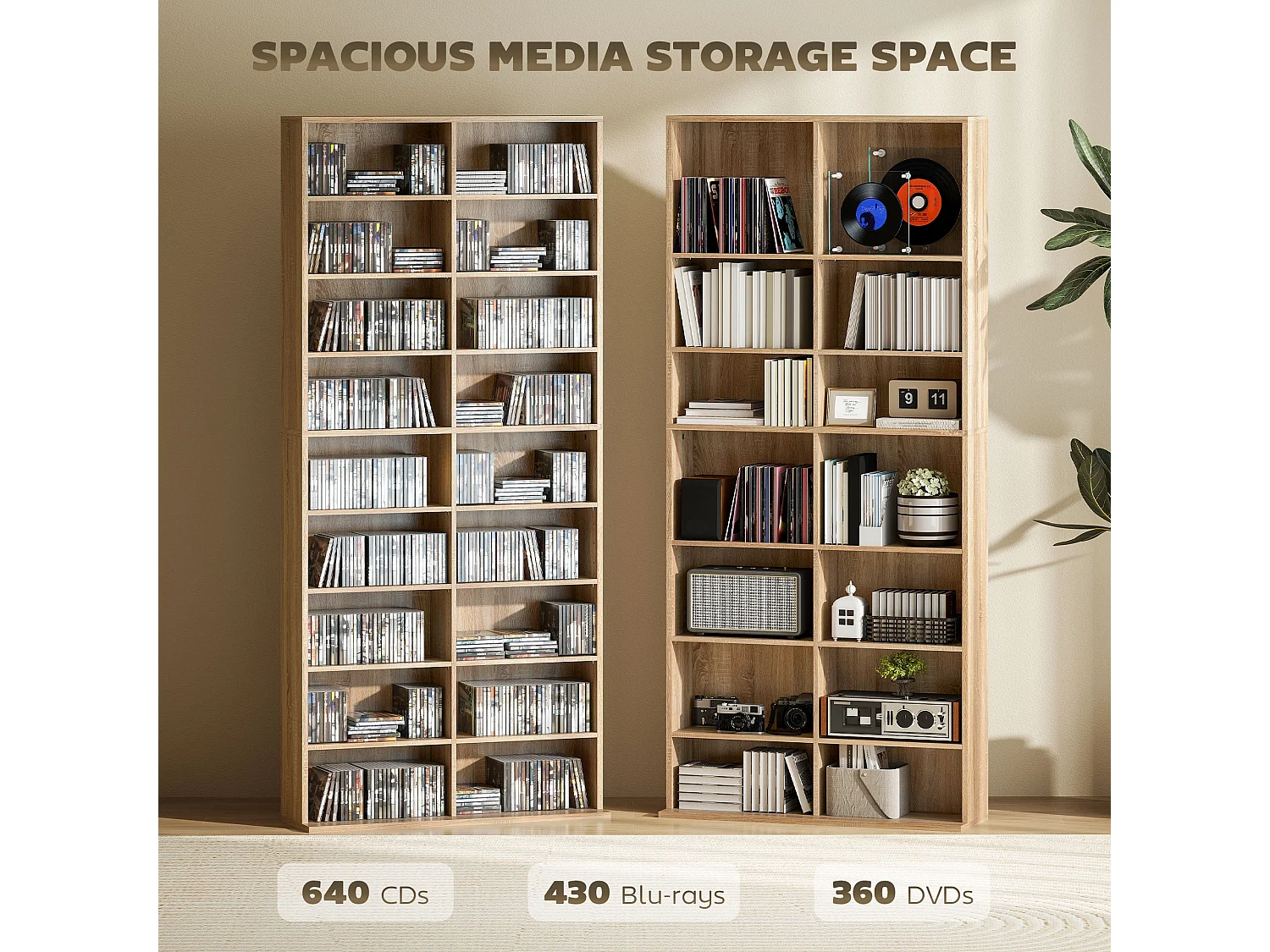 Karave Tall Media Storage Tower Natural Wood Finish 640 Disc Capacity