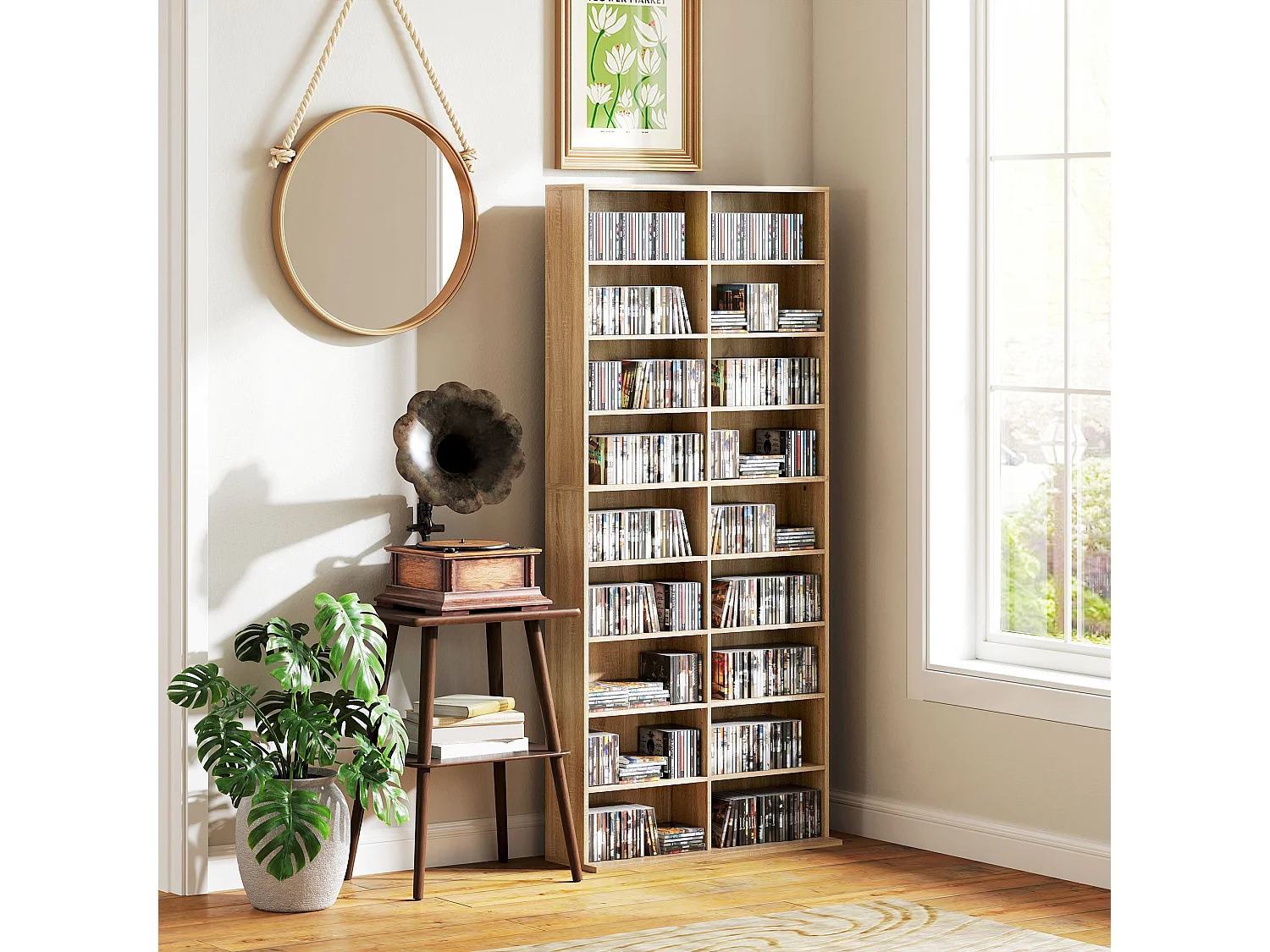 Karave Tall Media Storage Tower Natural Wood Finish 640 Disc Capacity