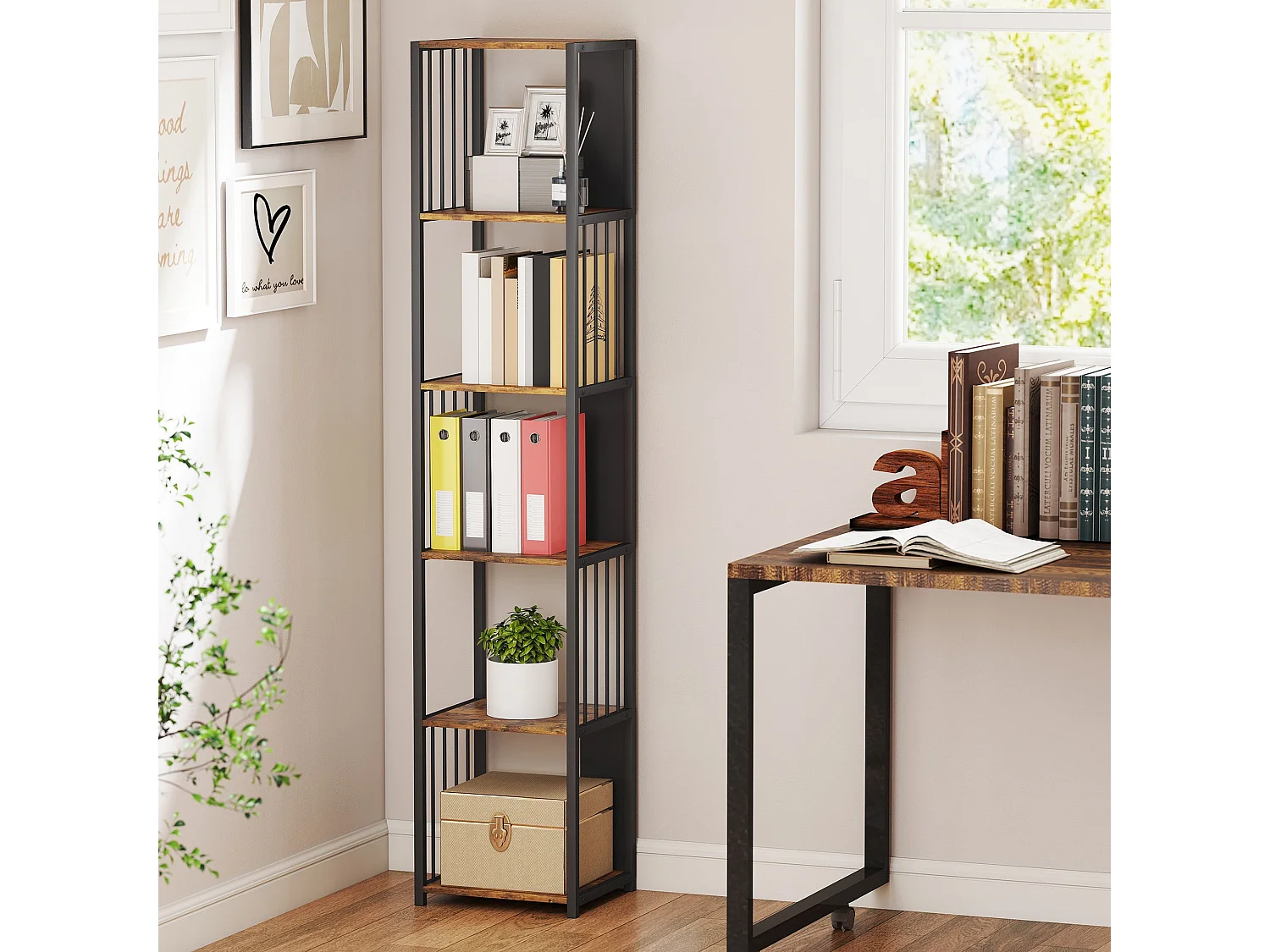 Remo 5 Tier Rustic Brown Bookshelf with Black Steel Frame
