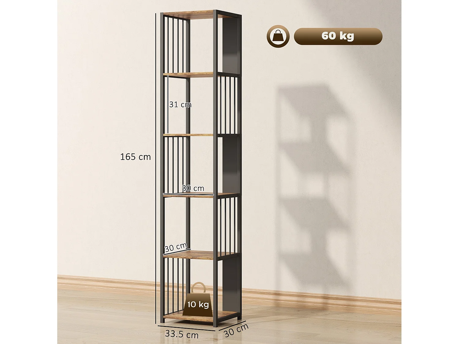 Remo 5 Tier Rustic Brown Bookshelf with Black Steel Frame