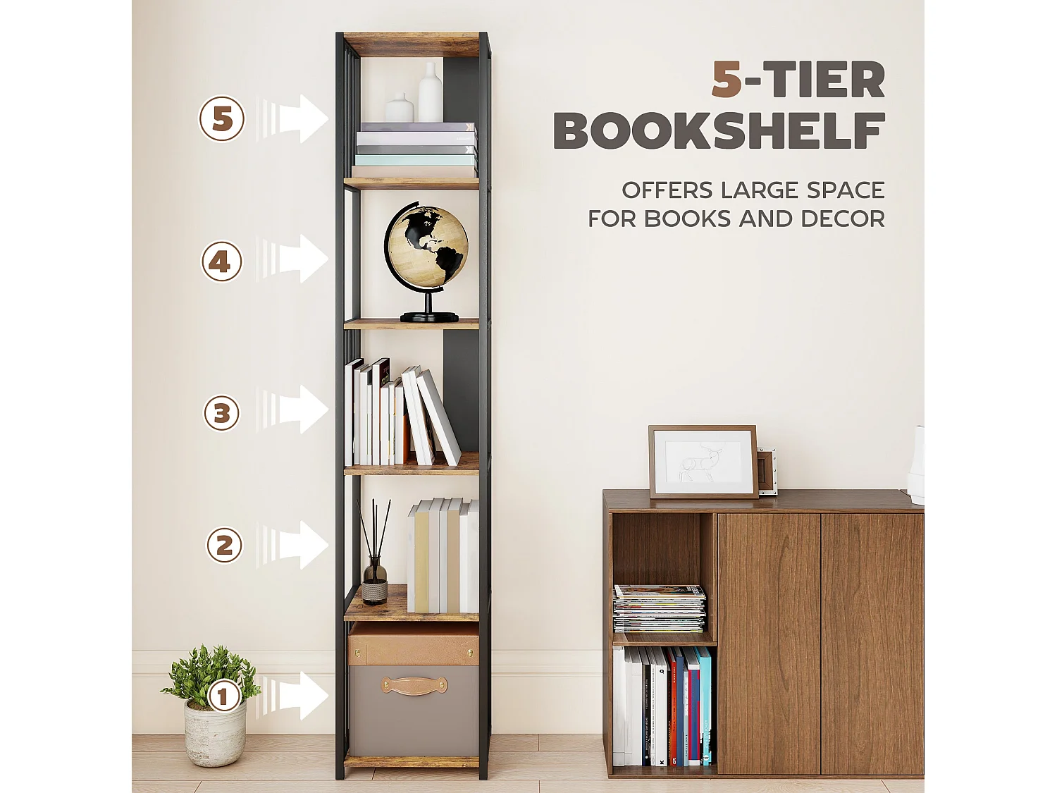 Remo 5 Tier Rustic Brown Bookshelf with Black Steel Frame
