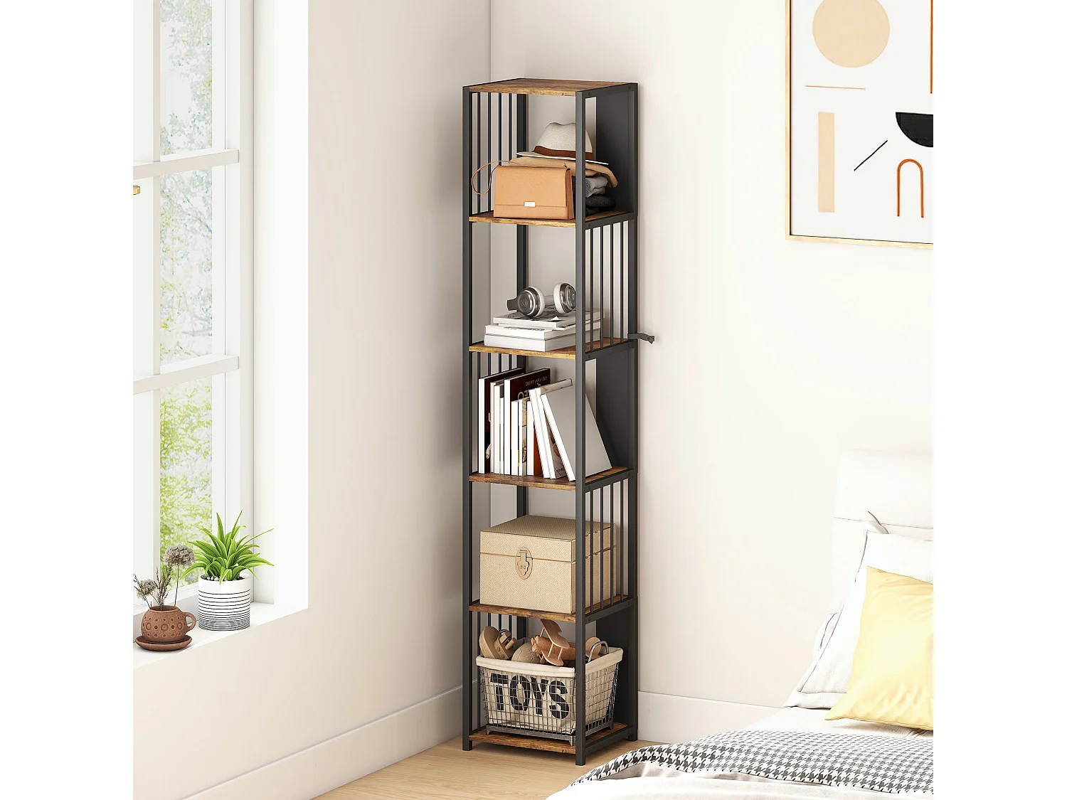 Remo 5 Tier Rustic Brown Bookshelf with Black Steel Frame