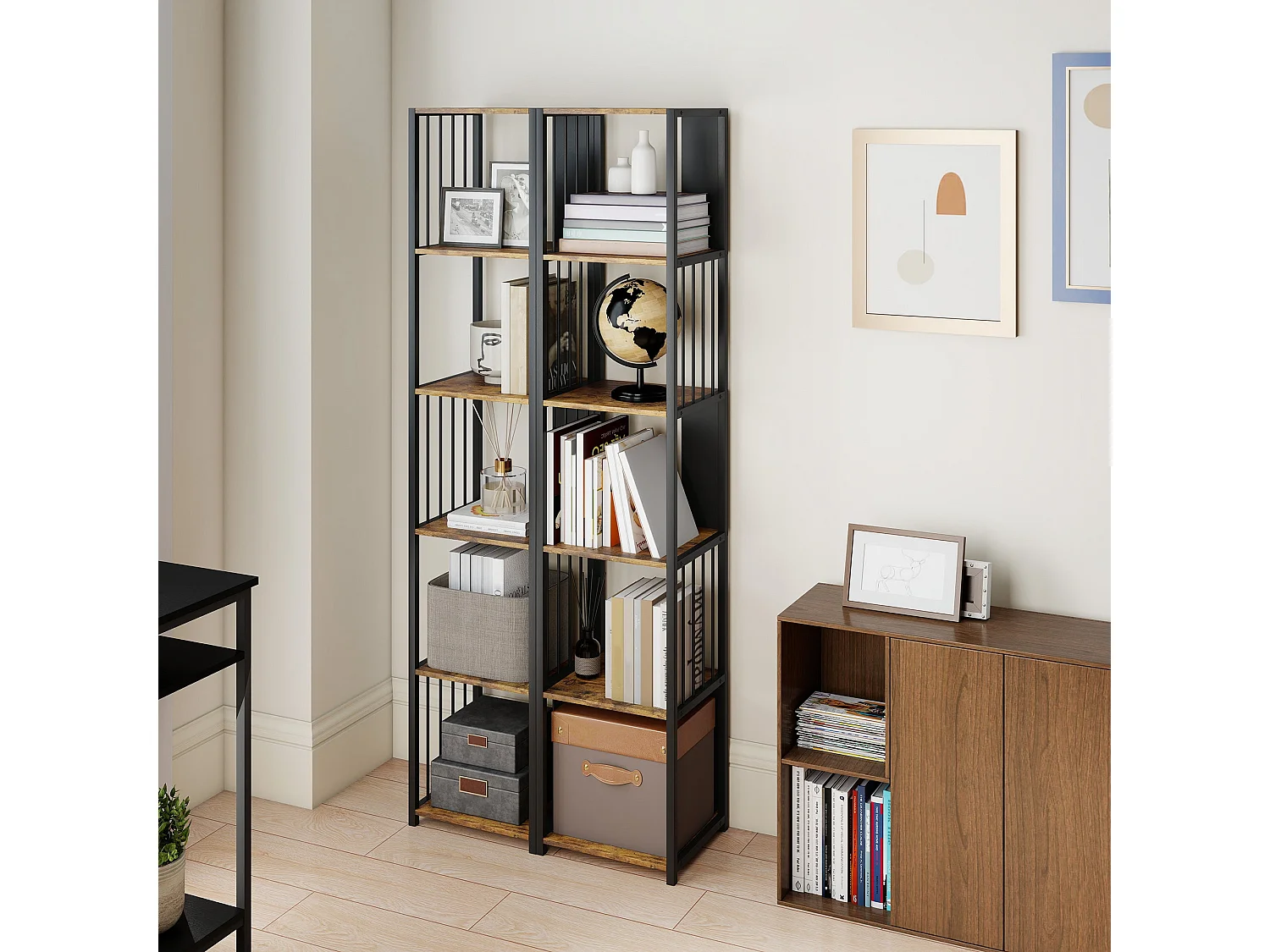 Remo 5 Tier Rustic Brown Bookshelf with Black Steel Frame