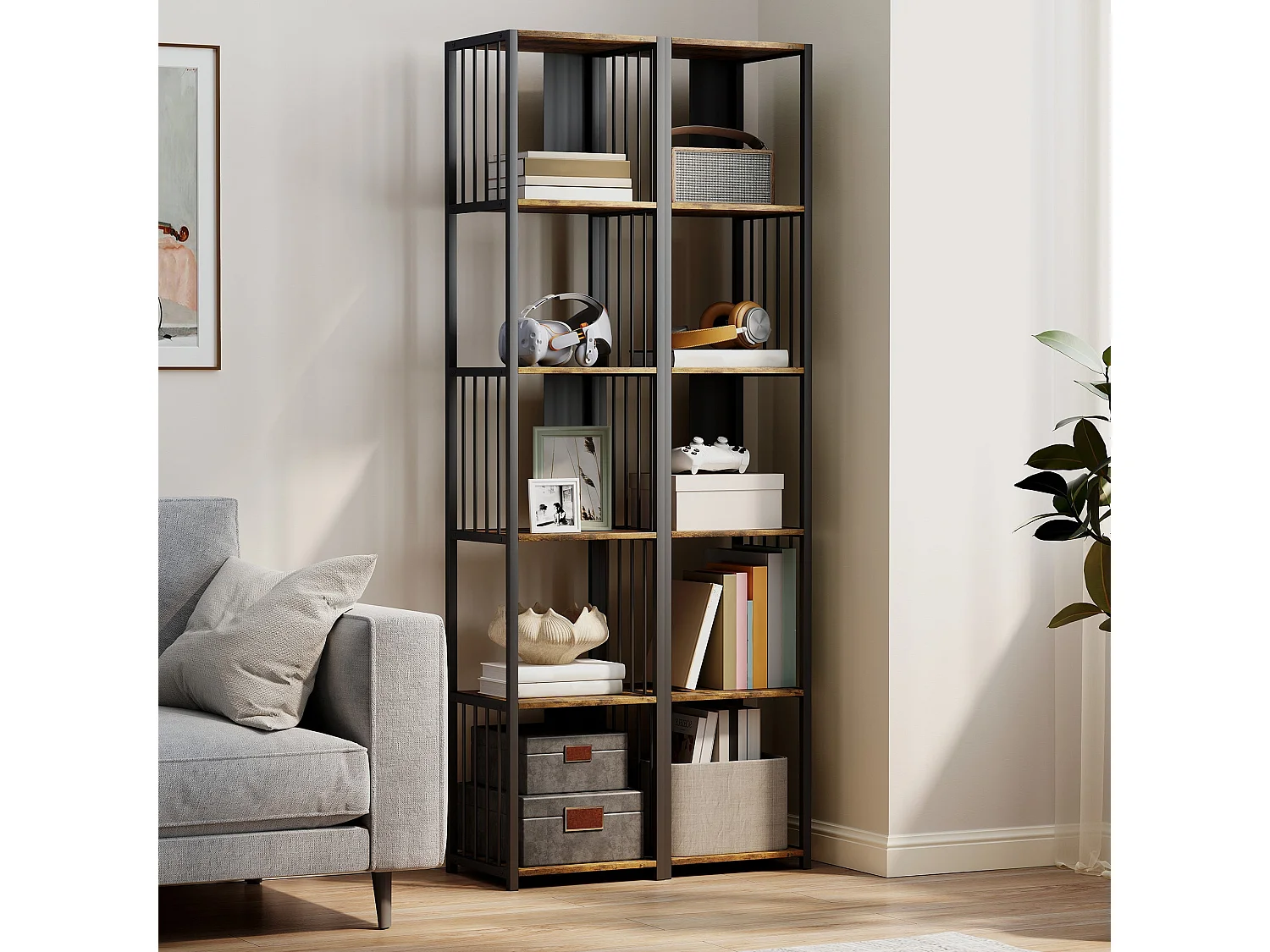 Remo 5 Tier Rustic Brown Bookshelf with Black Steel Frame