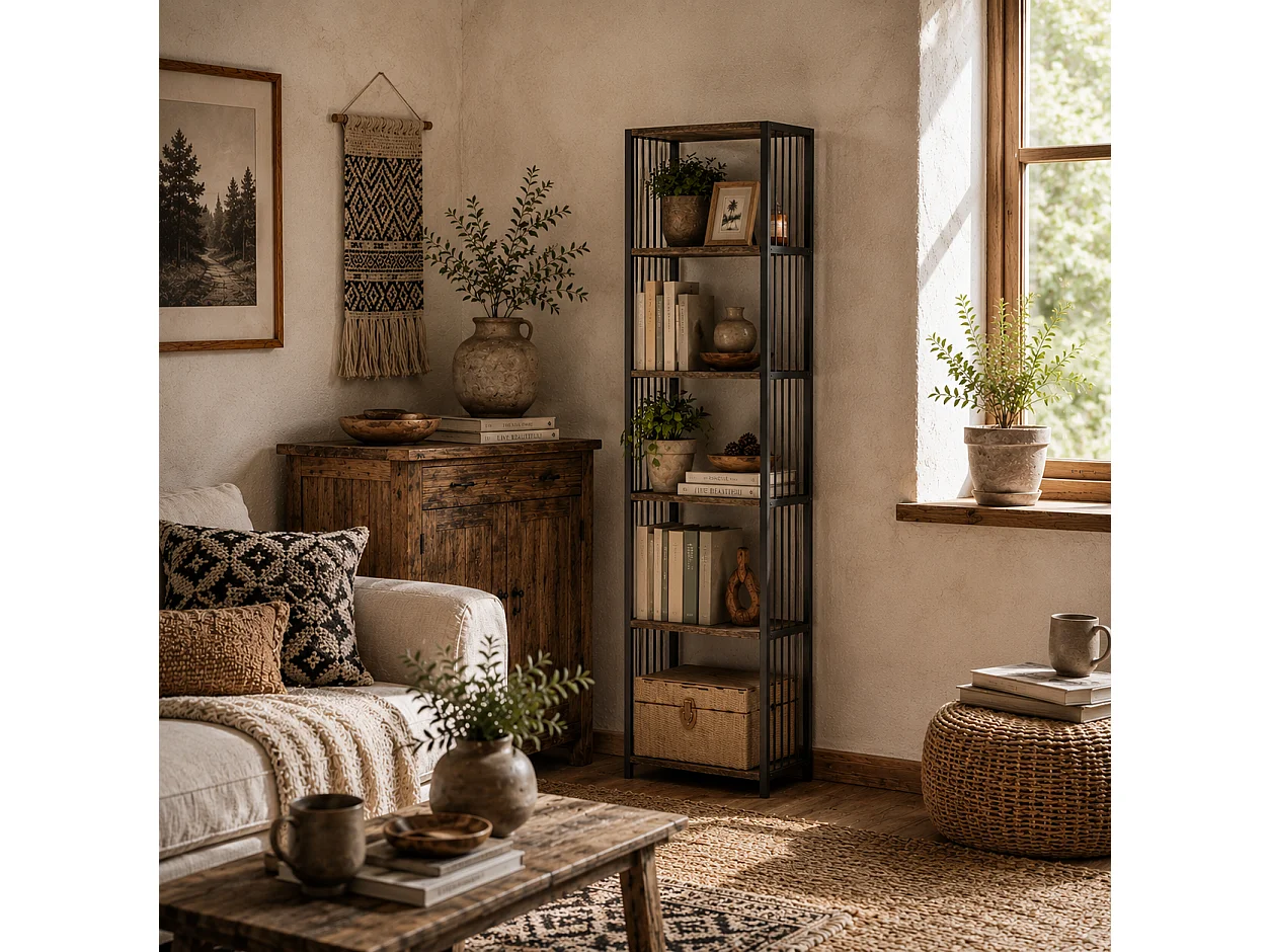 Remo 5 Tier Rustic Brown Bookshelf with Black Steel Frame