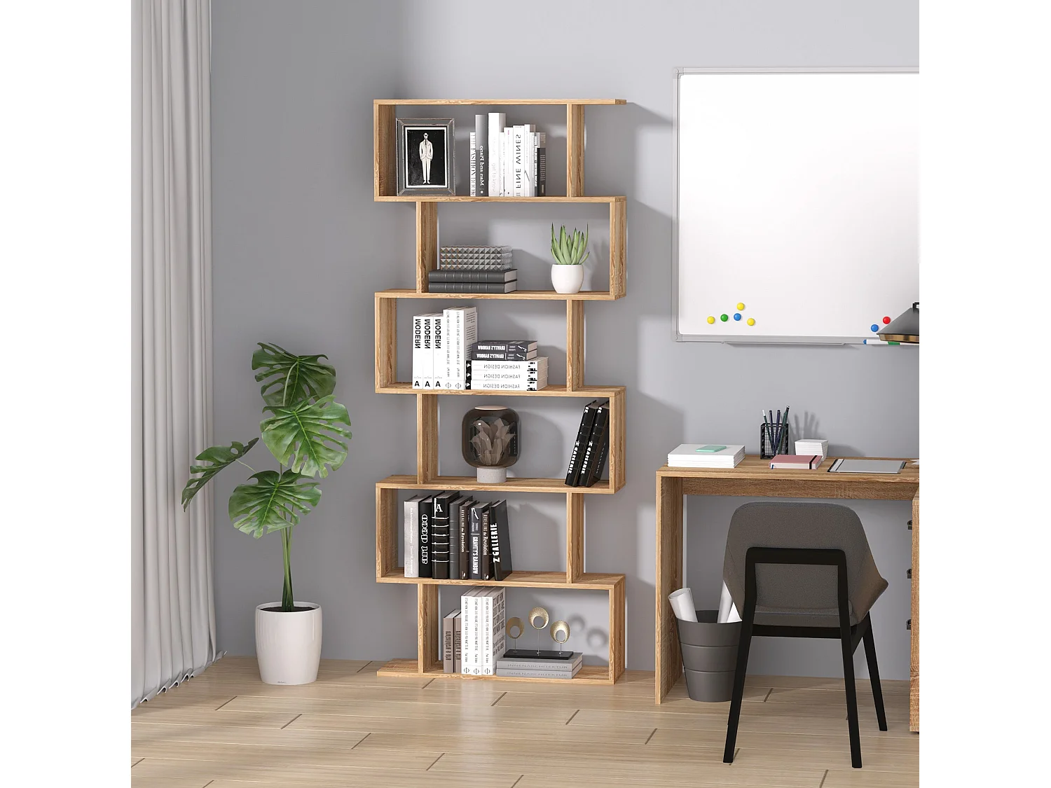 Vicovi Oak Finish 6 Tier S Shaped Display Bookcase