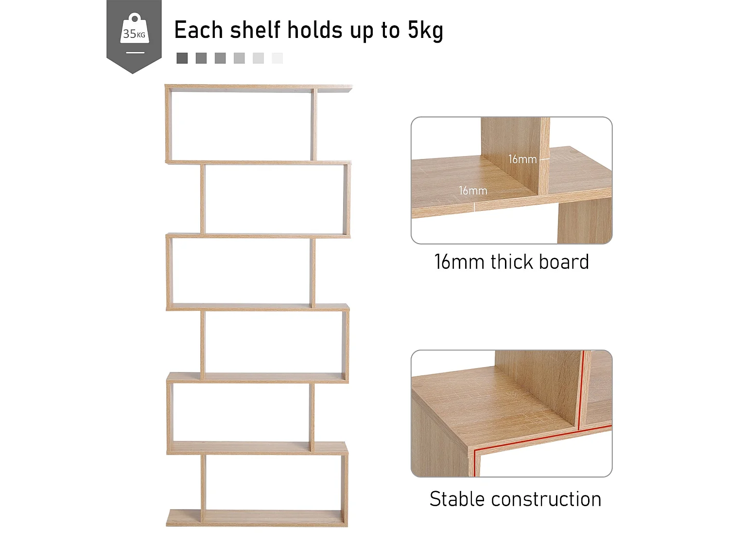 Vicovi Oak Finish 6 Tier S Shaped Display Bookcase