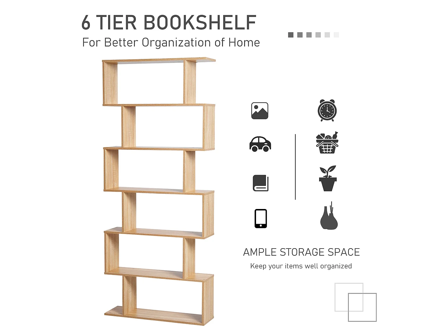 Vicovi Oak Finish 6 Tier S Shaped Display Bookcase