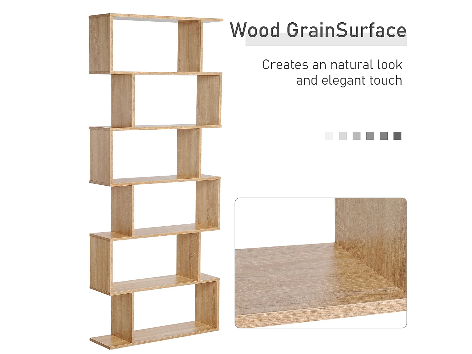Vicovi Oak Finish 6 Tier S Shaped Display Bookcase
