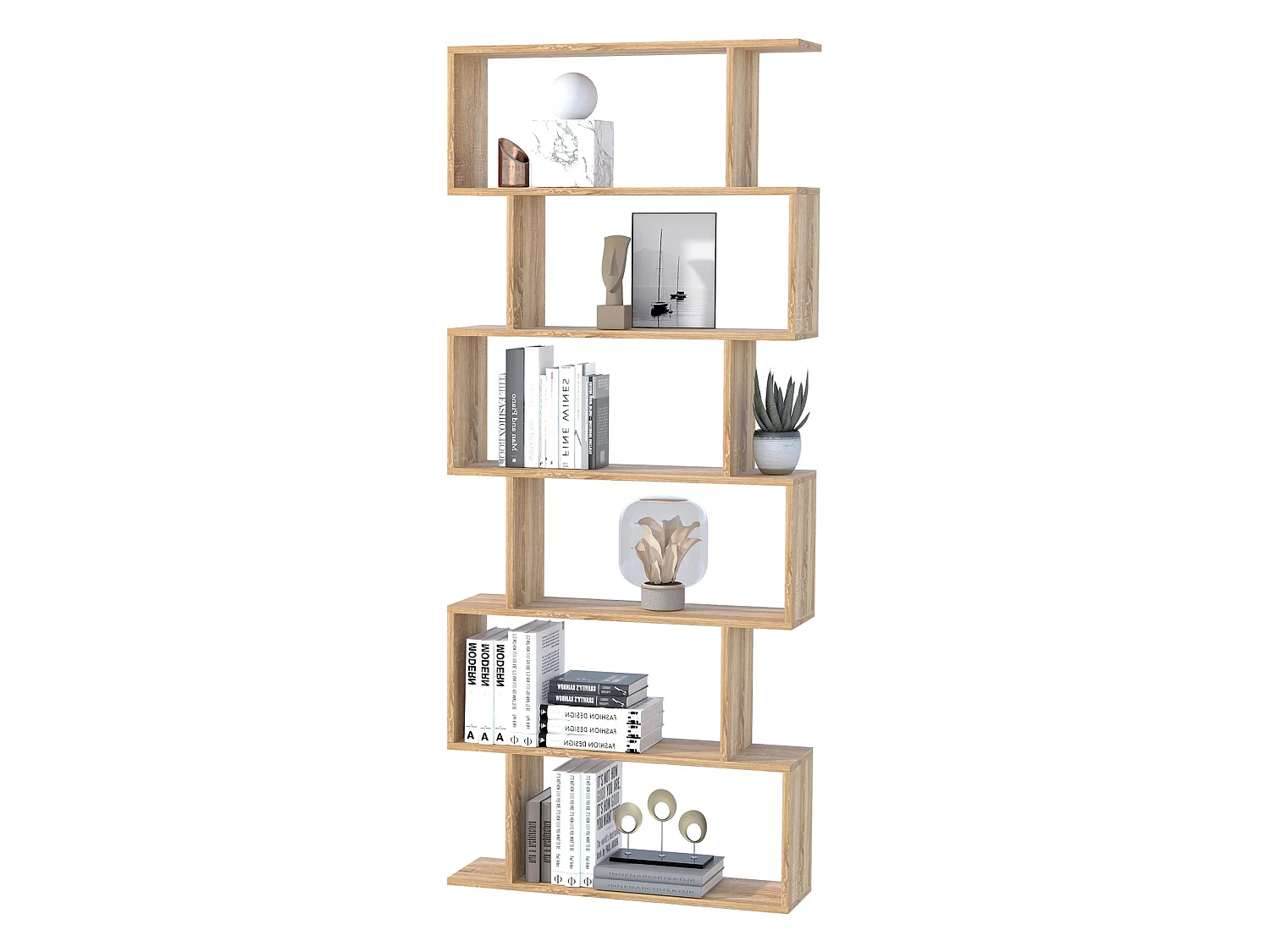 Vicovi Oak Finish 6 Tier S Shaped Display Bookcase