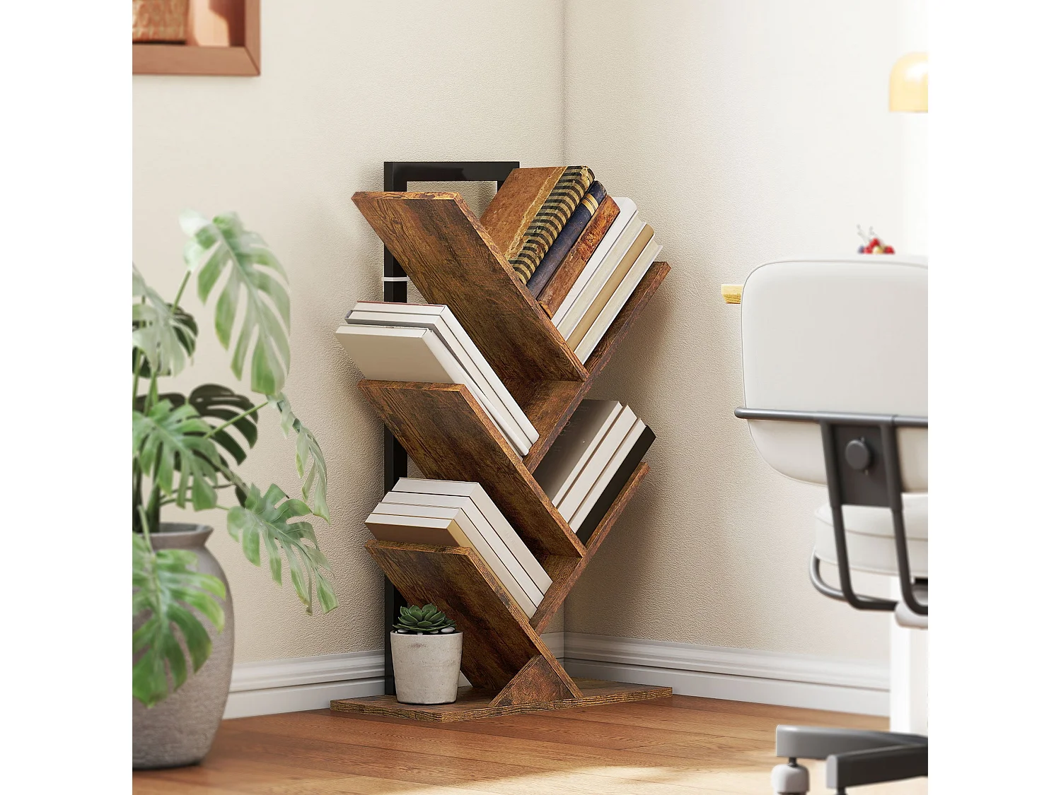 Rori Wood Effect 4 Section Tree Bookcase Rustic Brown and Black 50x24x82cm