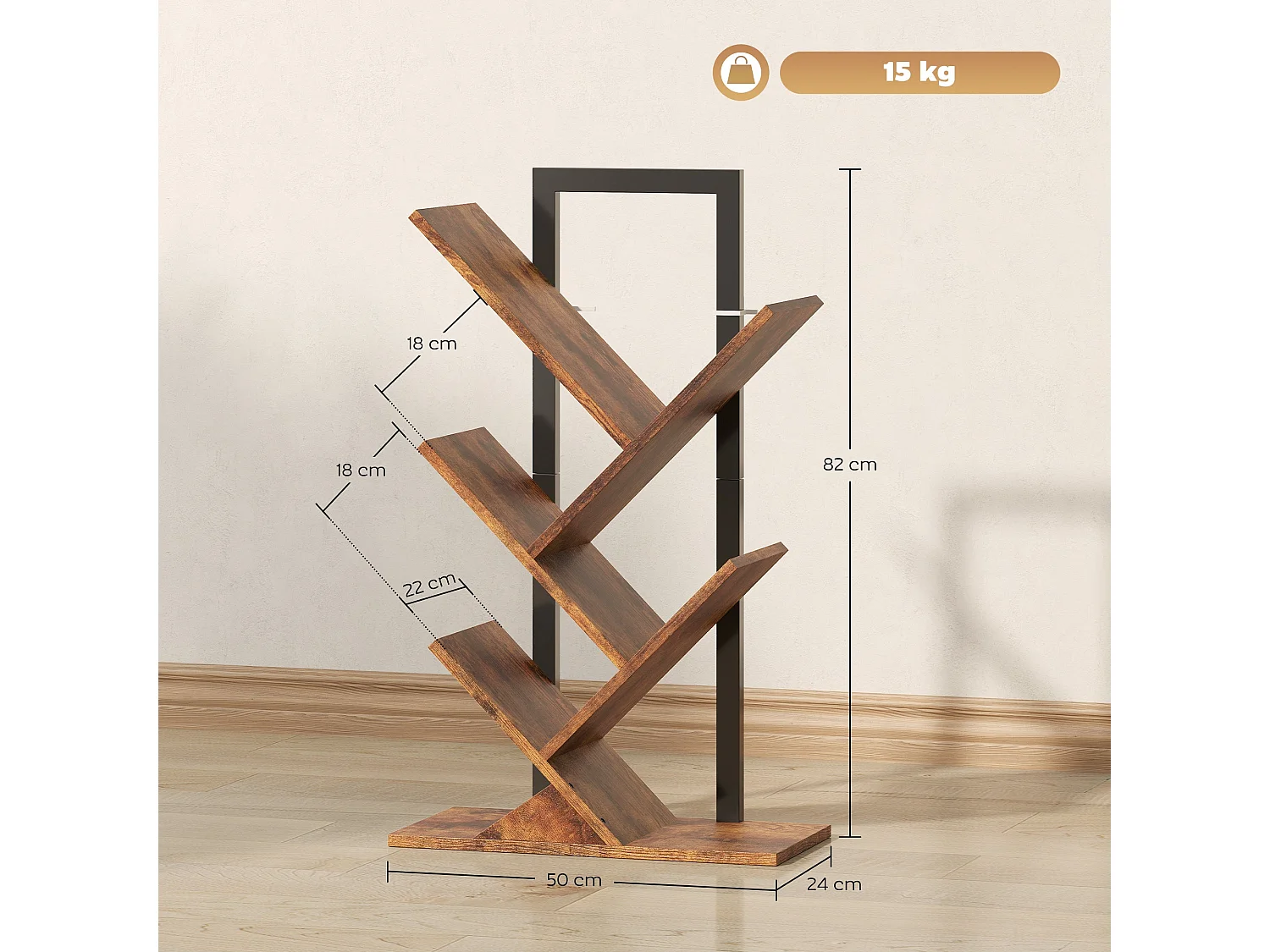 Rori Wood Effect 4 Section Tree Bookcase Rustic Brown and Black 50x24x82cm