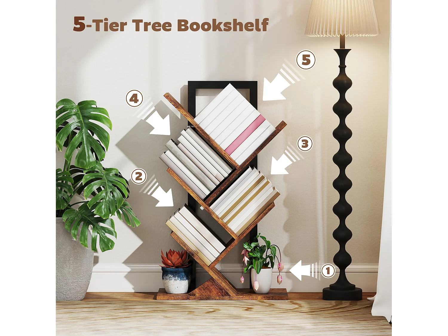 Rori Wood Effect 4 Section Tree Bookcase Rustic Brown and Black 50x24x82cm