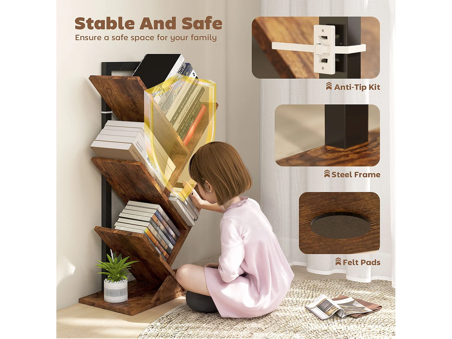 Rori Wood Effect 4 Section Tree Bookcase Rustic Brown and Black 50x24x82cm