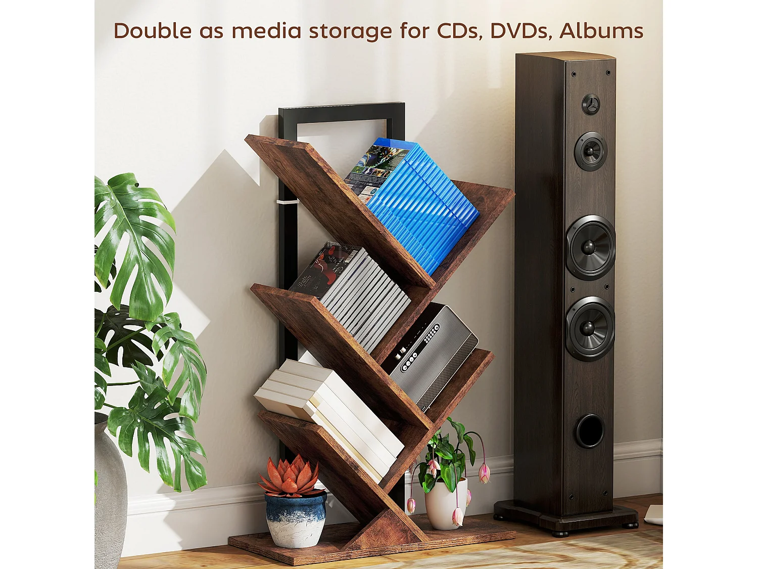Rori Wood Effect 4 Section Tree Bookcase Rustic Brown and Black 50x24x82cm