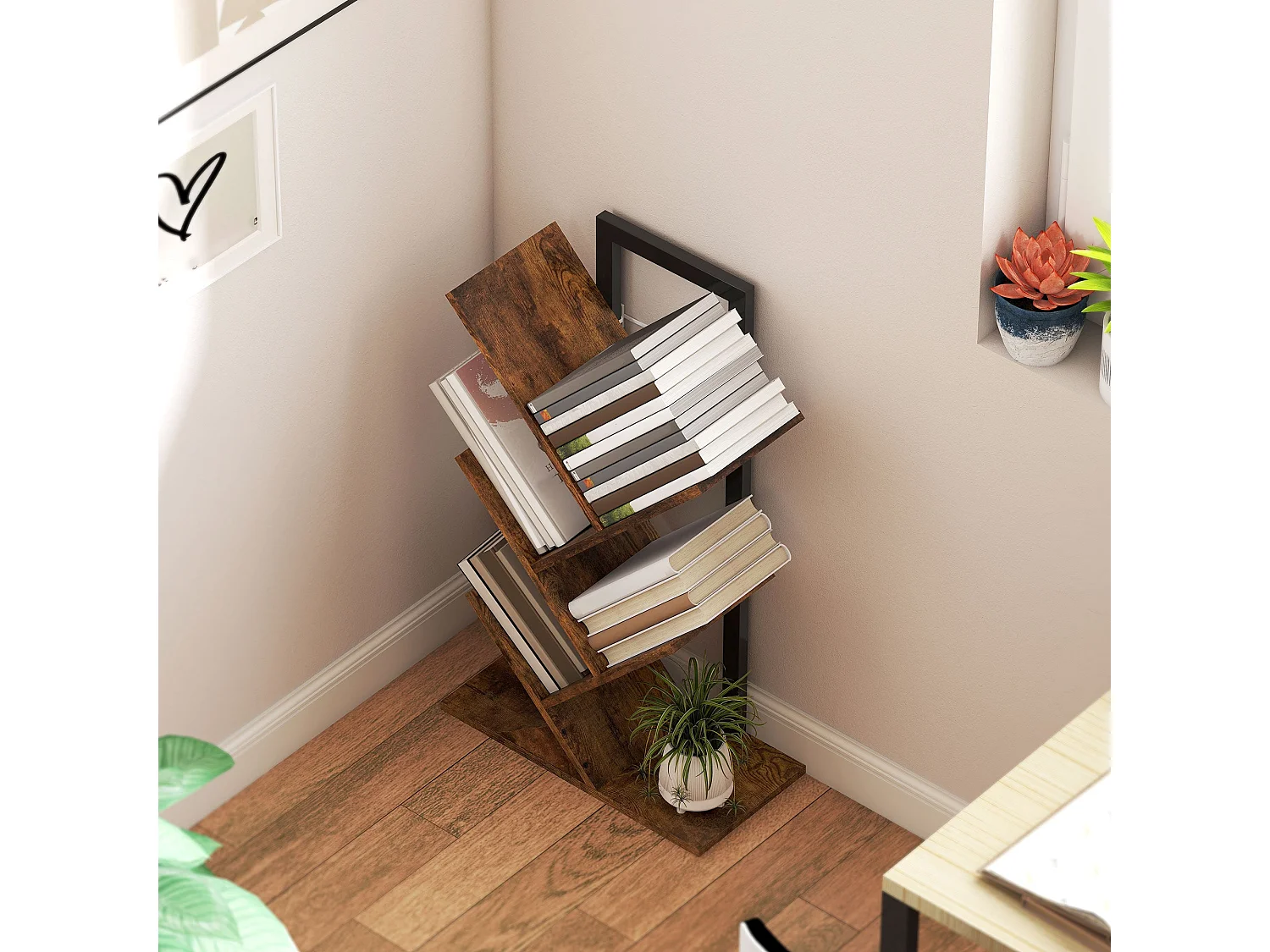 Rori Wood Effect 4 Section Tree Bookcase Rustic Brown and Black 50x24x82cm