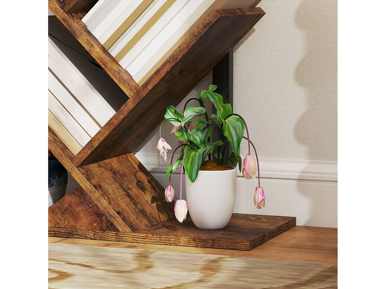 Rori Wood Effect 4 Section Tree Bookcase Rustic Brown and Black 50x24x82cm