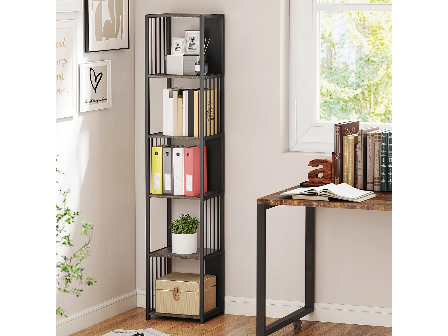Rettisa 5 Tier Industrial Bookshelf Grey Wood Effect Shelves Black Steel Frame