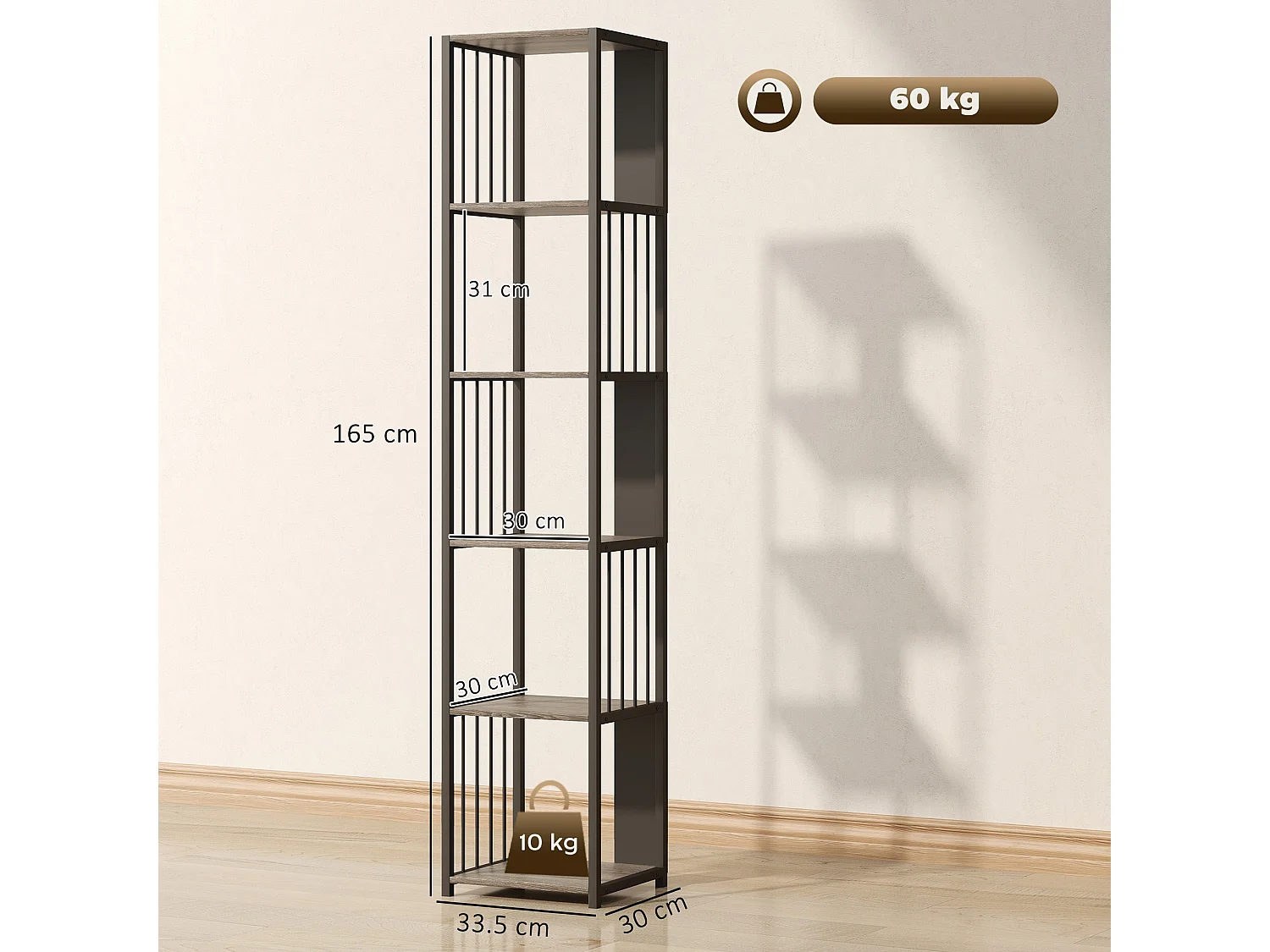 Rettisa 5 Tier Industrial Bookshelf Grey Wood Effect Shelves Black Steel Frame