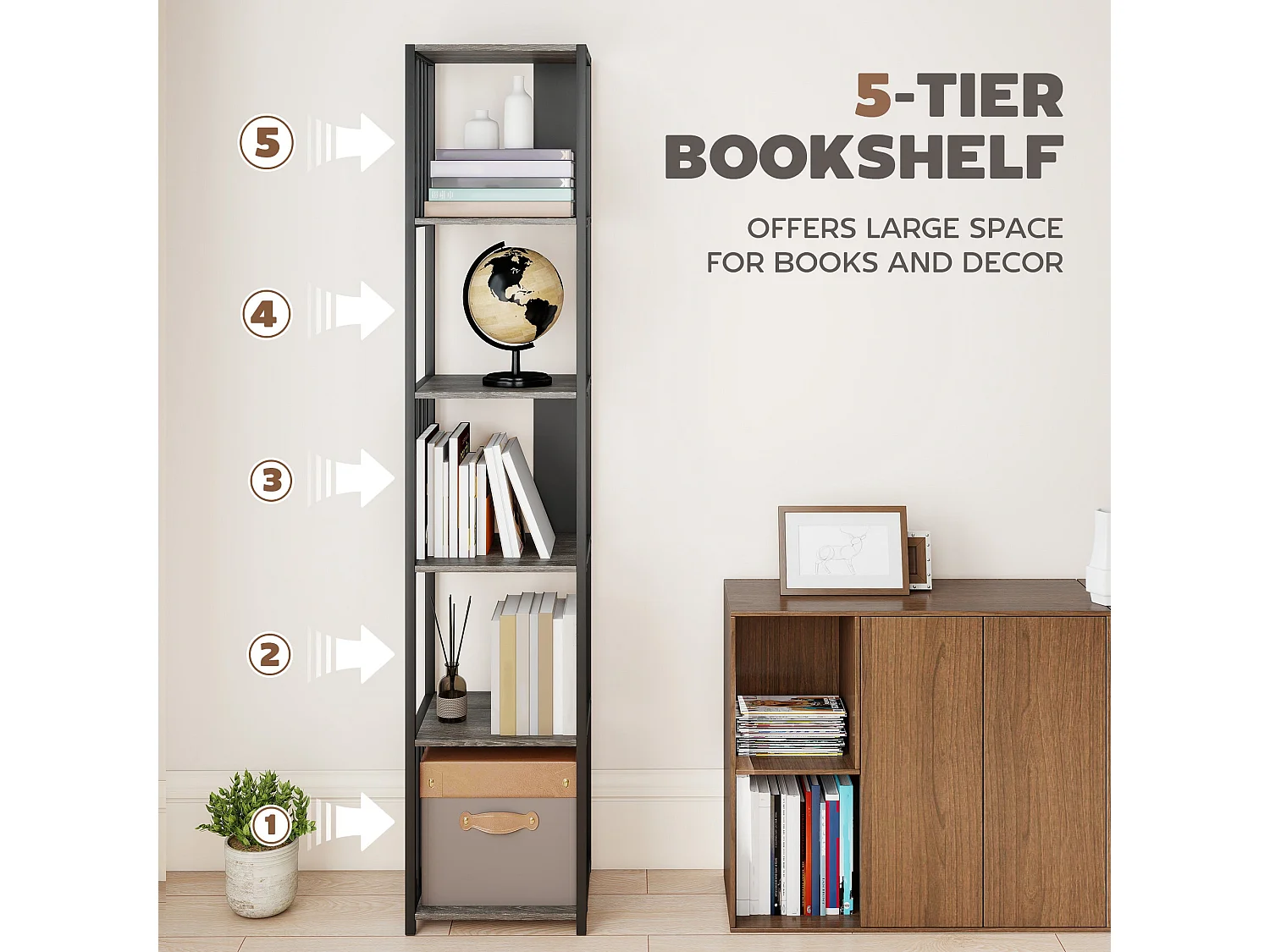 Rettisa 5 Tier Industrial Bookshelf Grey Wood Effect Shelves Black Steel Frame