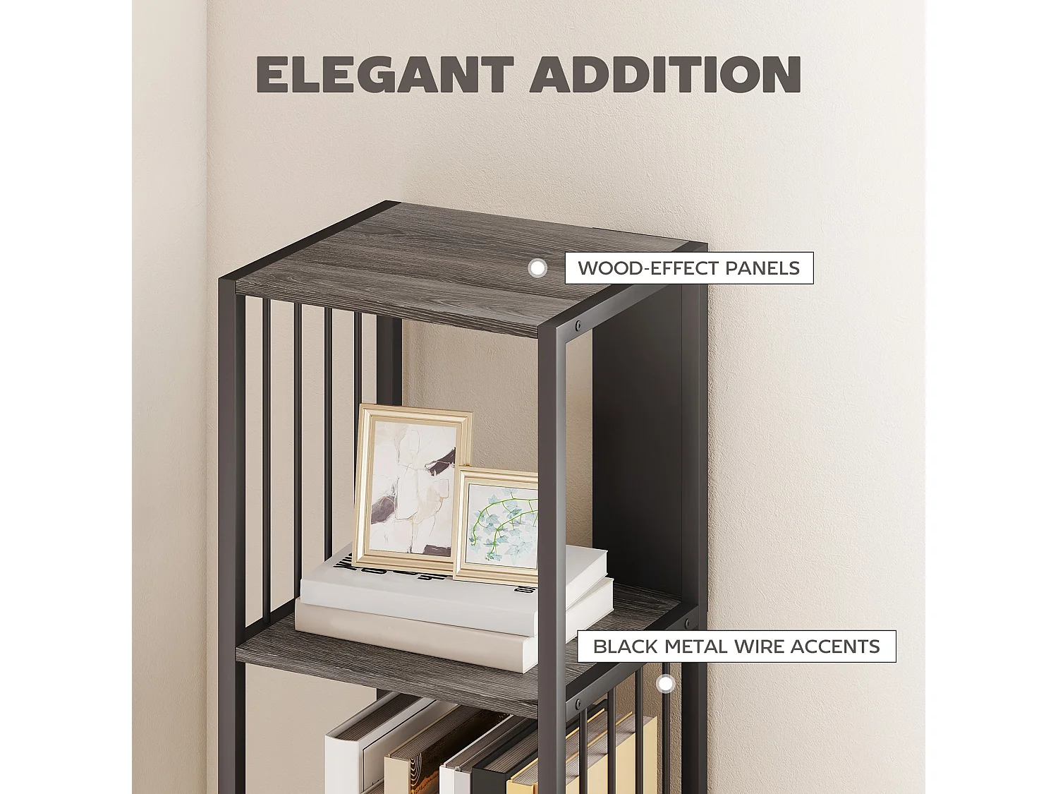 Rettisa 5 Tier Industrial Bookshelf Grey Wood Effect Shelves Black Steel Frame