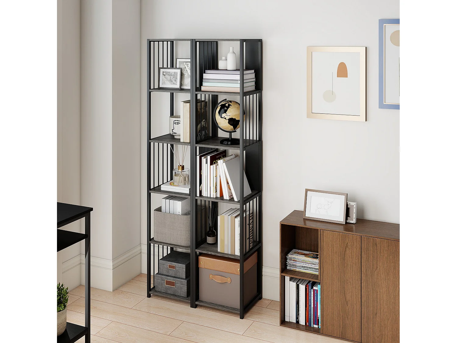 Rettisa 5 Tier Industrial Bookshelf Grey Wood Effect Shelves Black Steel Frame