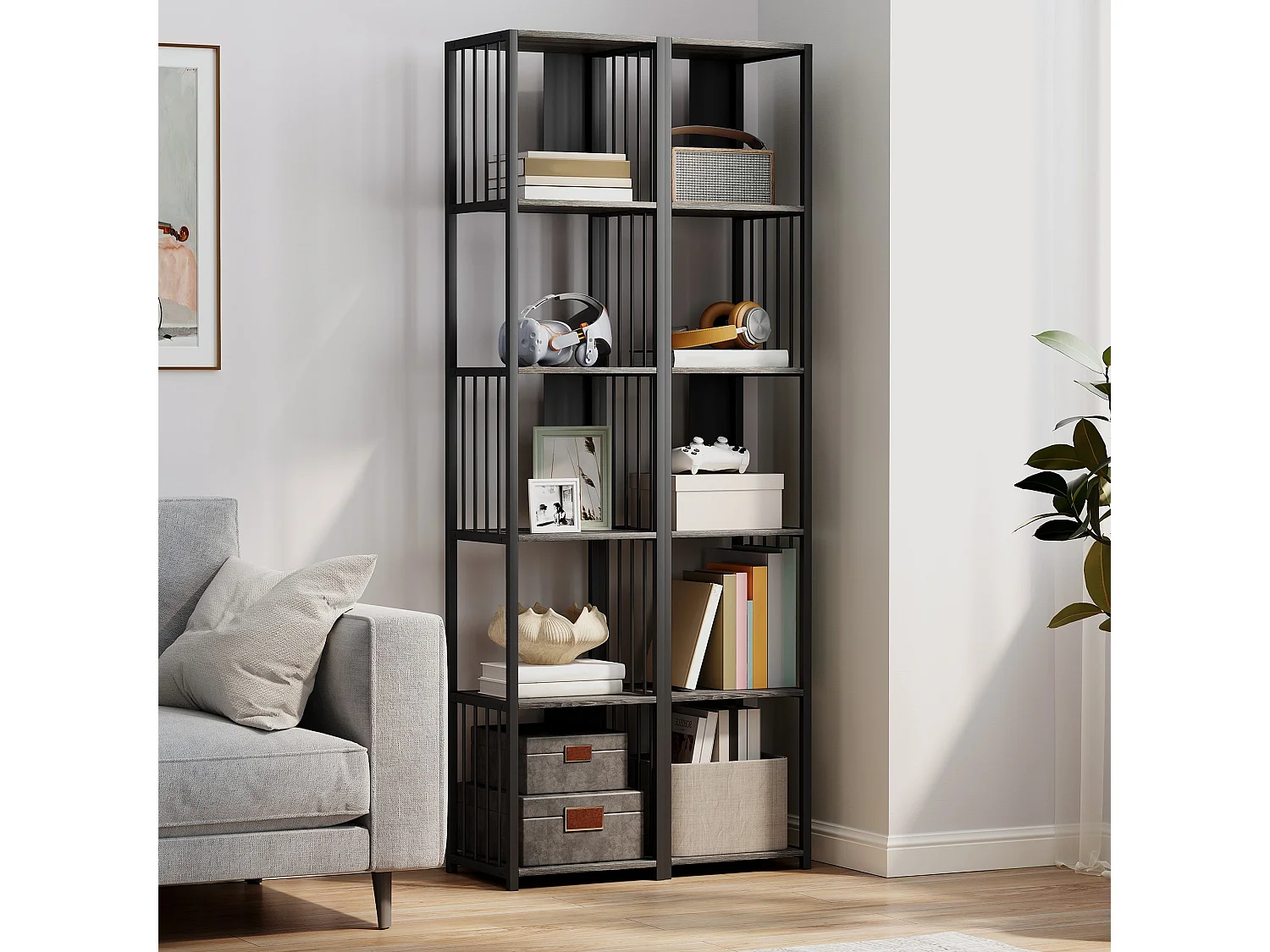 Rettisa 5 Tier Industrial Bookshelf Grey Wood Effect Shelves Black Steel Frame