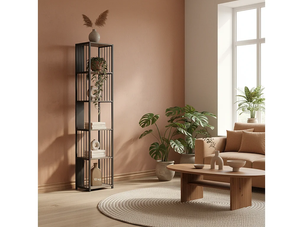 Rettisa 5 Tier Industrial Bookshelf Grey Wood Effect Shelves Black Steel Frame