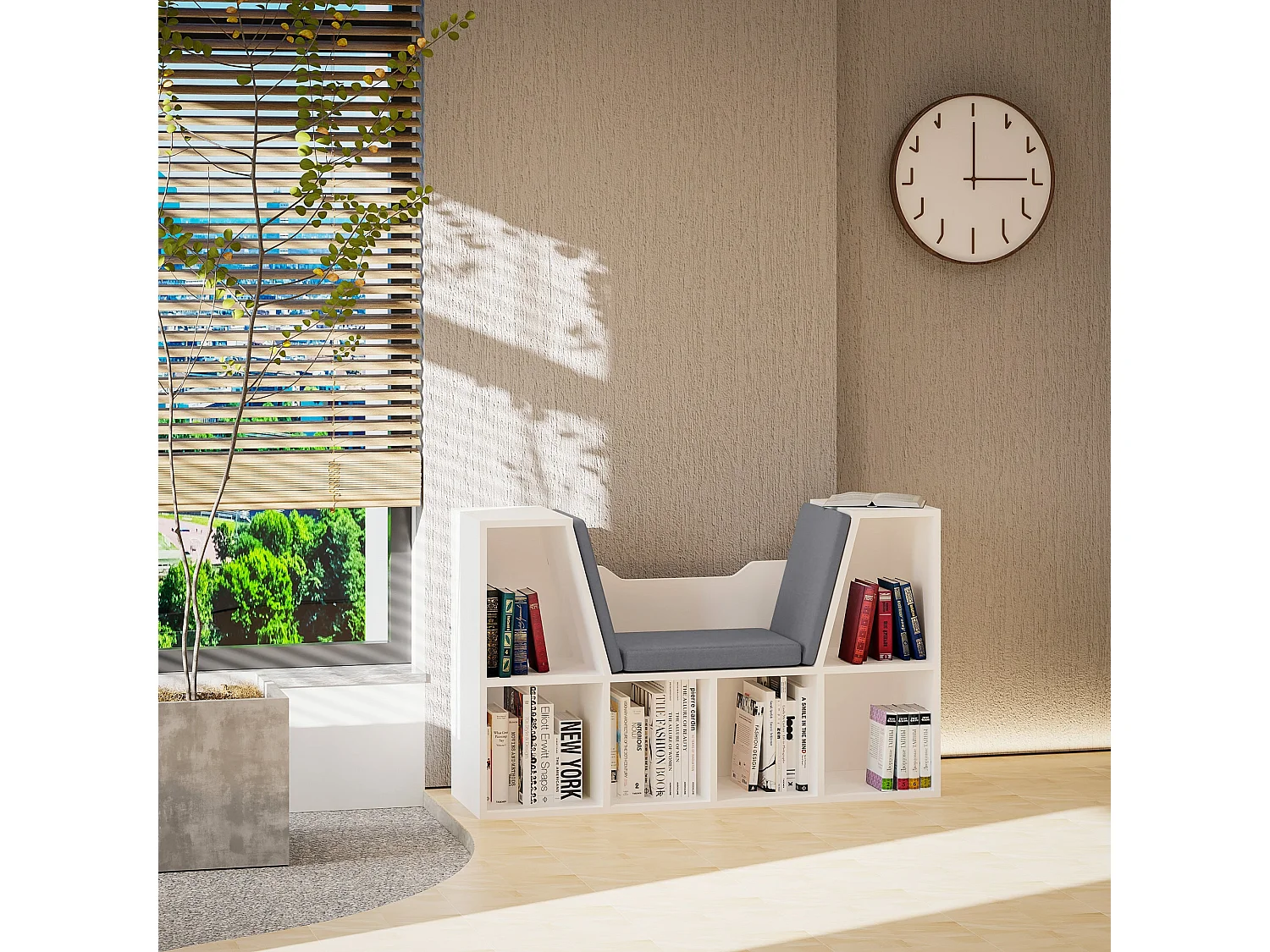 Vezito White Cube Bookcase with Cushioned Seat 6 Compartments 102cm