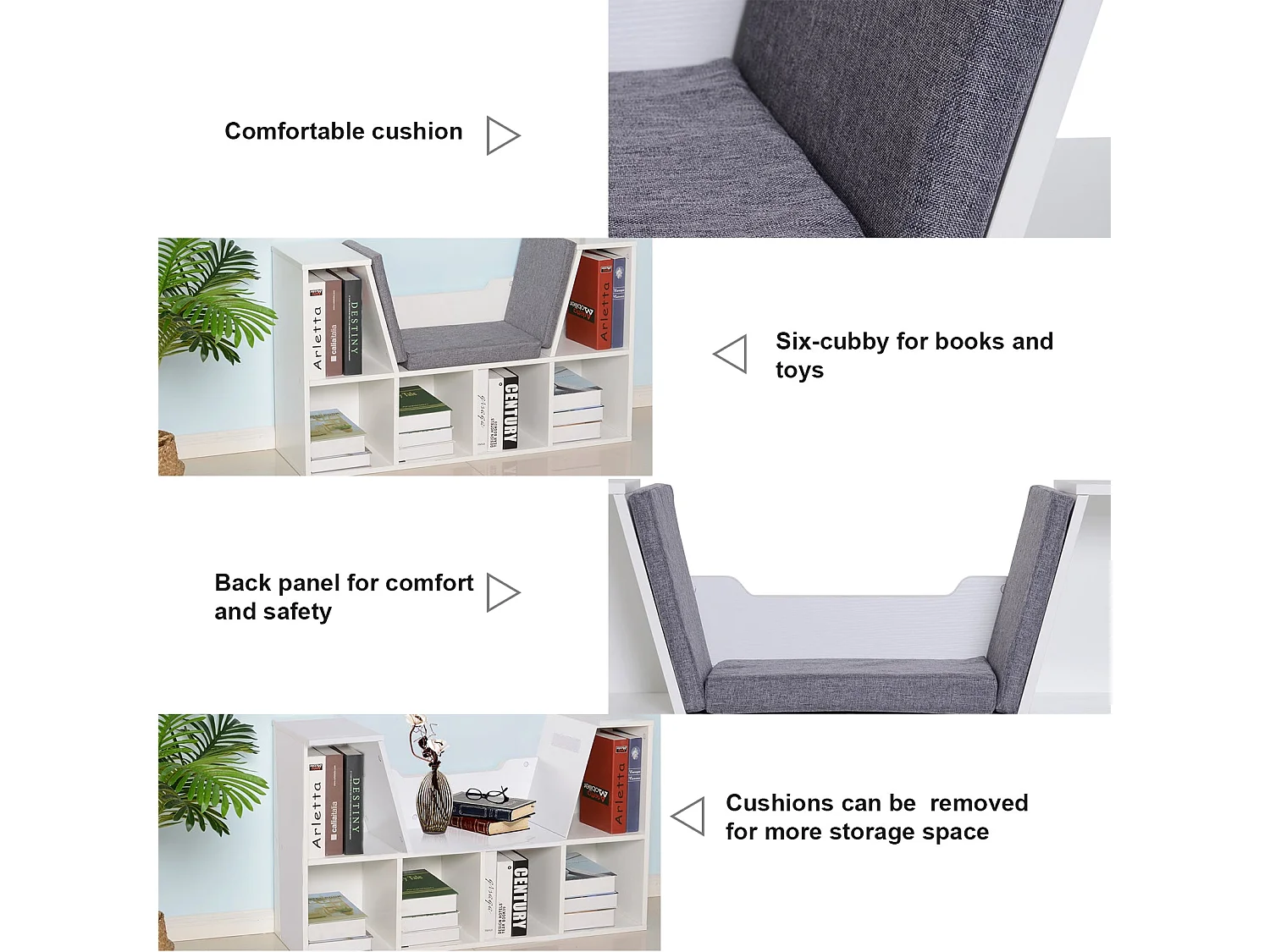 Vezito White Cube Bookcase with Cushioned Seat 6 Compartments 102cm