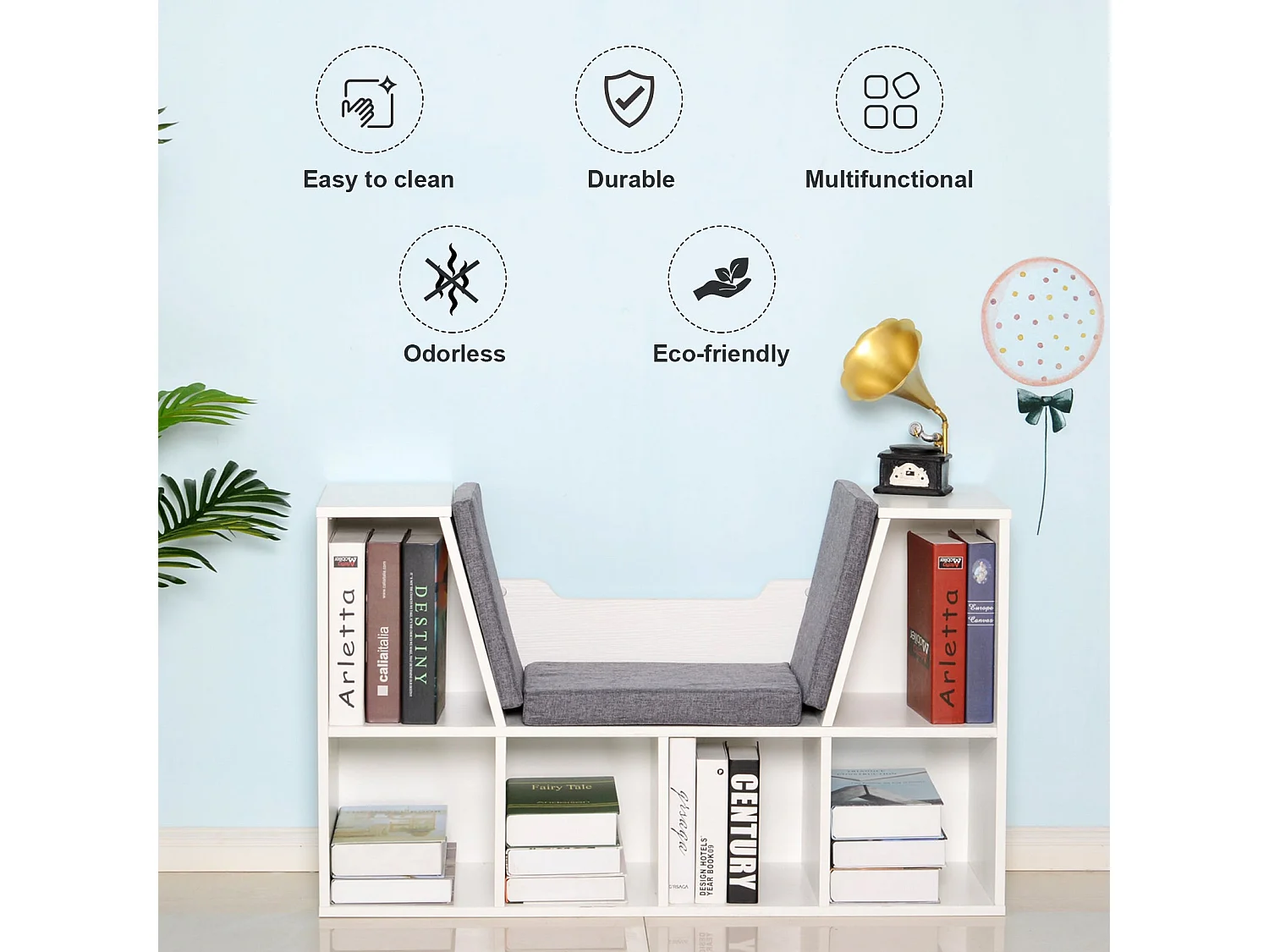 Vezito White Cube Bookcase with Cushioned Seat 6 Compartments 102cm