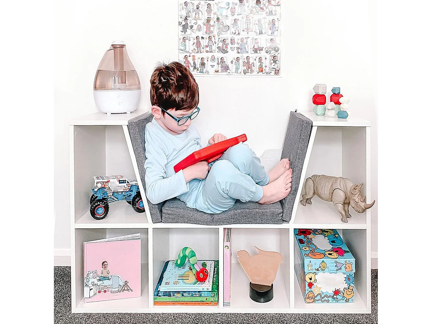 Vezito White Cube Bookcase with Cushioned Seat 6 Compartments 102cm