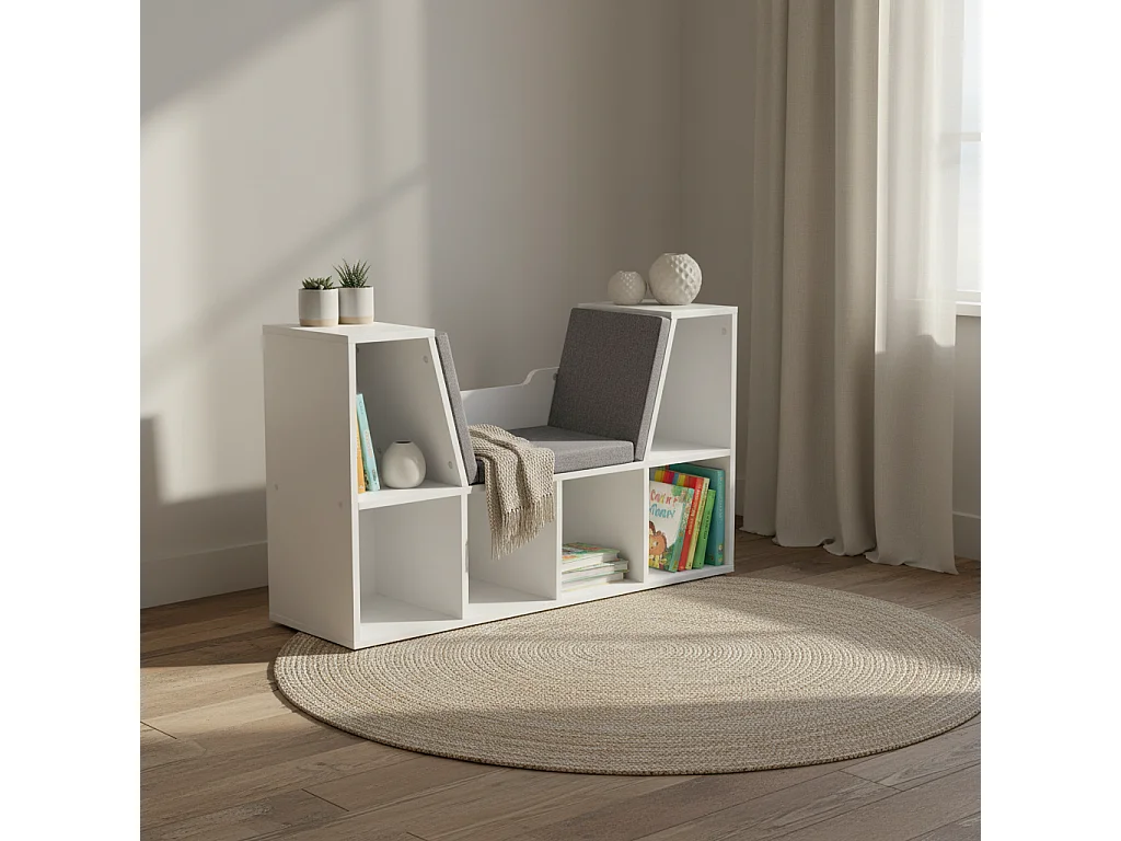 Vezito White Cube Bookcase with Cushioned Seat 6 Compartments 102cm