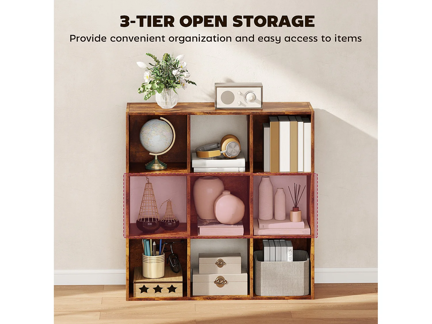 Mamomo Rustic Brown 3 Tier 9 Cube Storage Bookcase