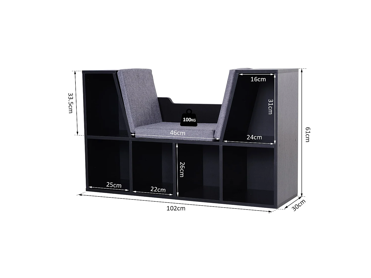 Black Cube Bookcase With Built In Reading Bench 6 Compartments Padded Seat