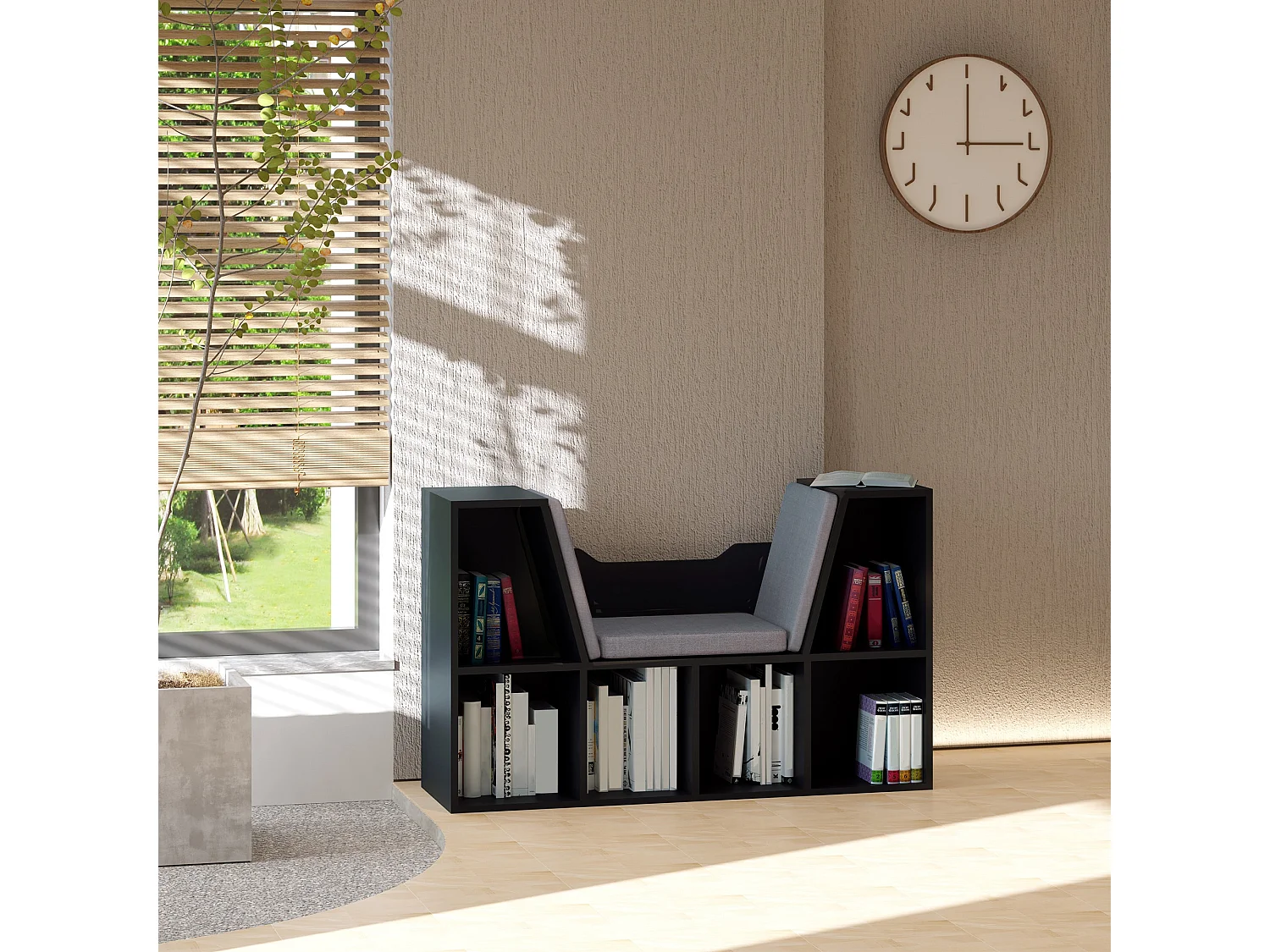 Black Cube Bookcase With Built In Reading Bench 6 Compartments Padded Seat