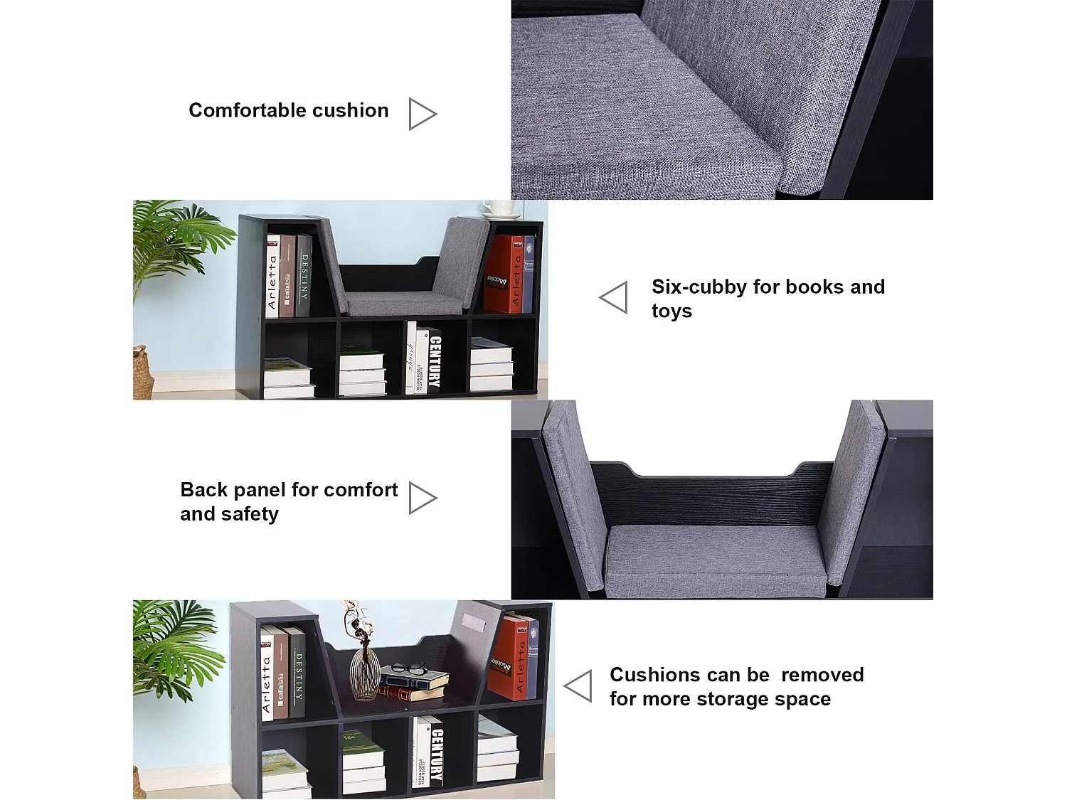 Black Cube Bookcase With Built In Reading Bench 6 Compartments Padded Seat
