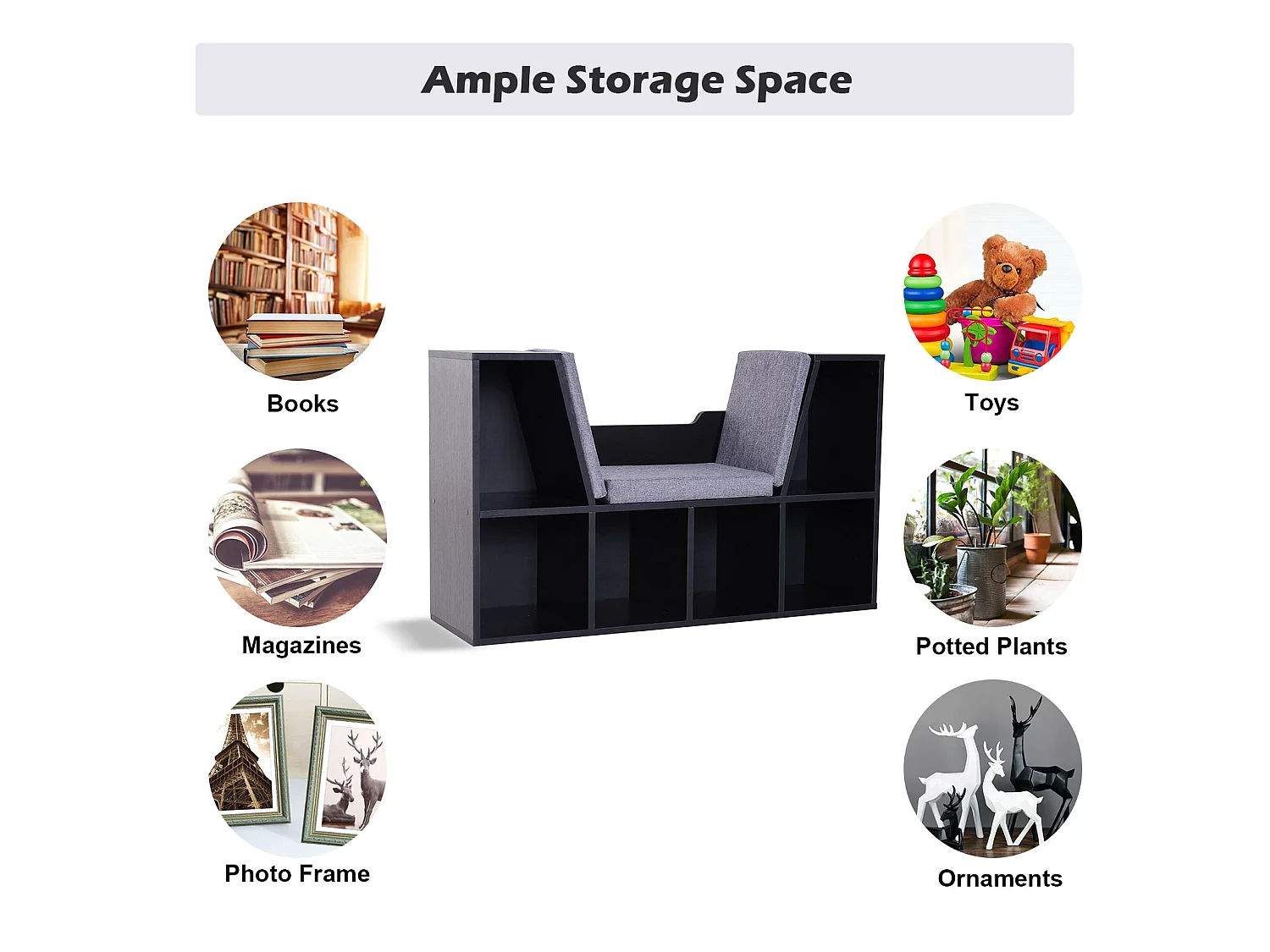 Black Cube Bookcase With Built In Reading Bench 6 Compartments Padded Seat