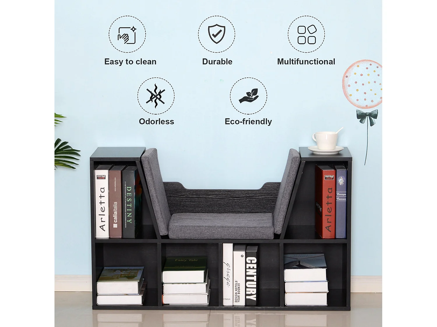 Black Cube Bookcase With Built In Reading Bench 6 Compartments Padded Seat