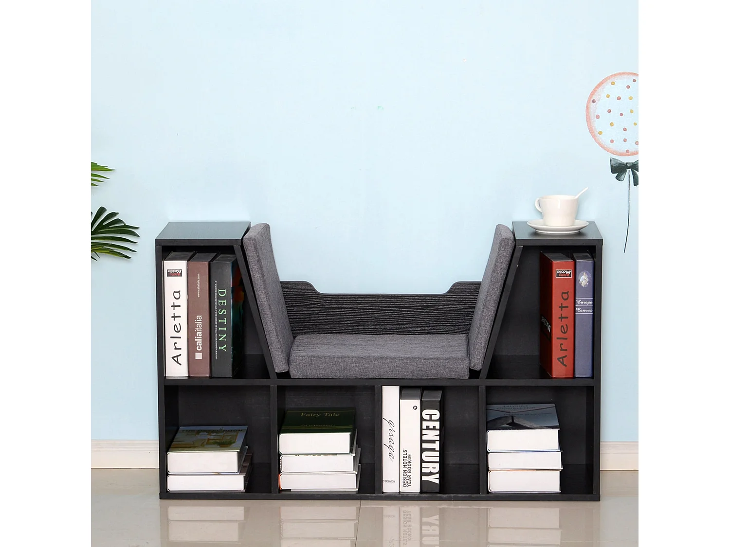 Black Cube Bookcase With Built In Reading Bench 6 Compartments Padded Seat