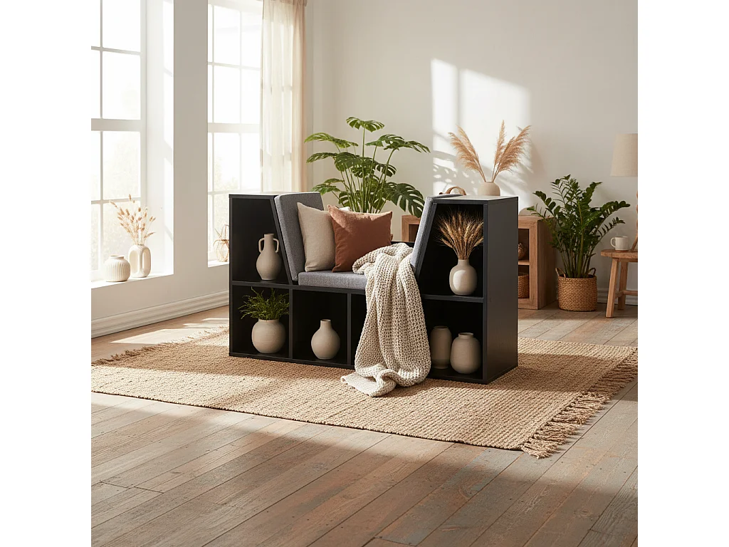 Black Cube Bookcase With Built In Reading Bench 6 Compartments Padded Seat