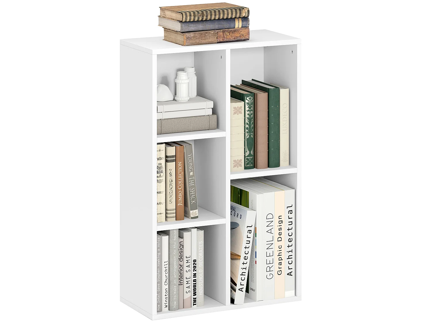 Sovi Wood White 2 Tier Bookcase with 5 Open Compartments