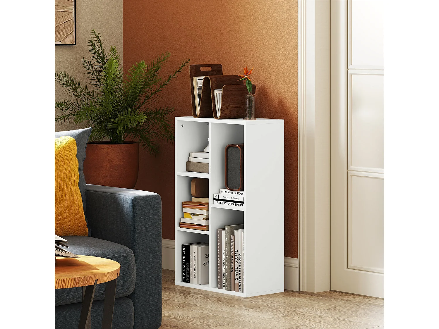 Sovi Wood White 2 Tier Bookcase with 5 Open Compartments