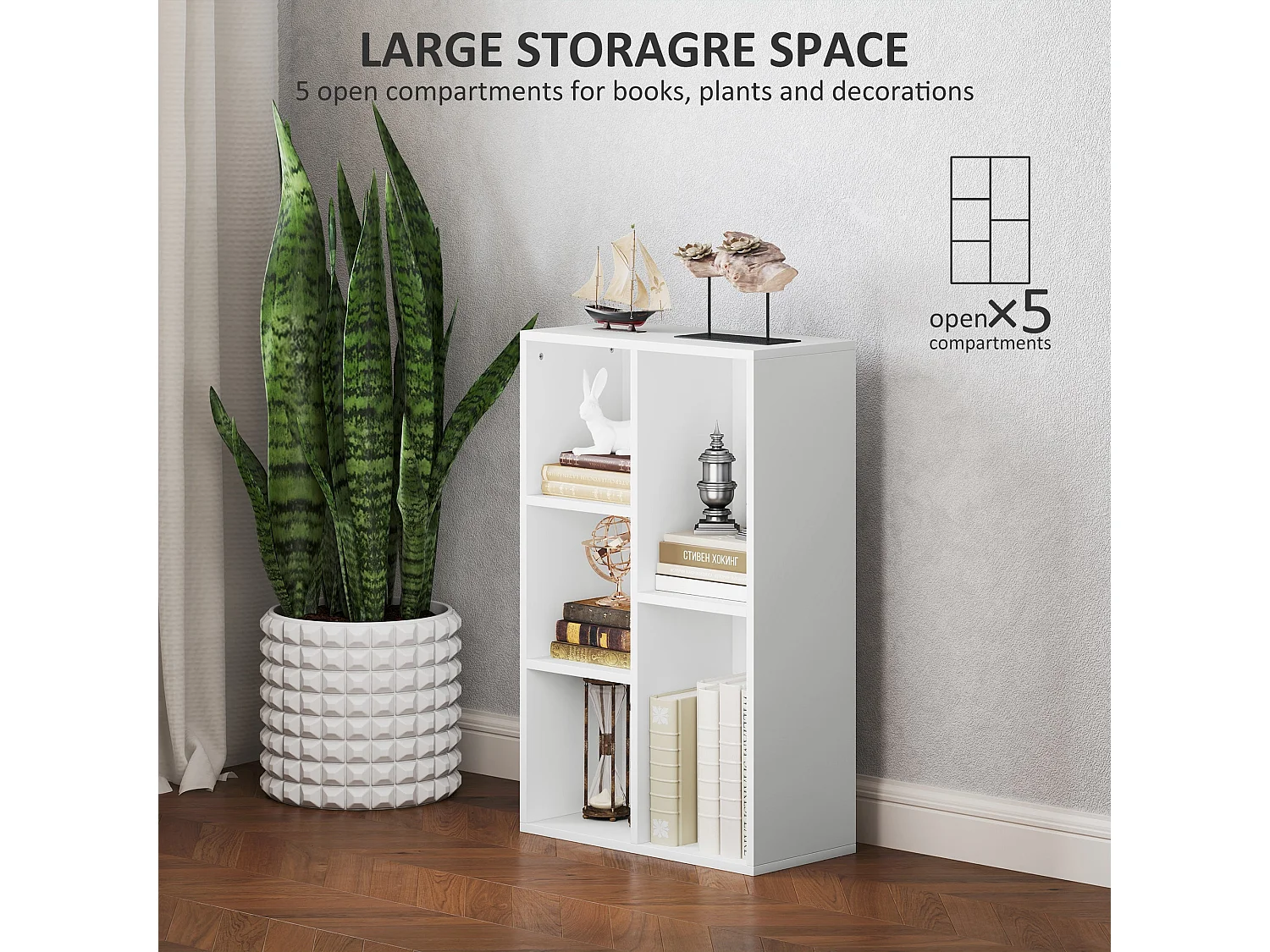 Sovi Wood White 2 Tier Bookcase with 5 Open Compartments