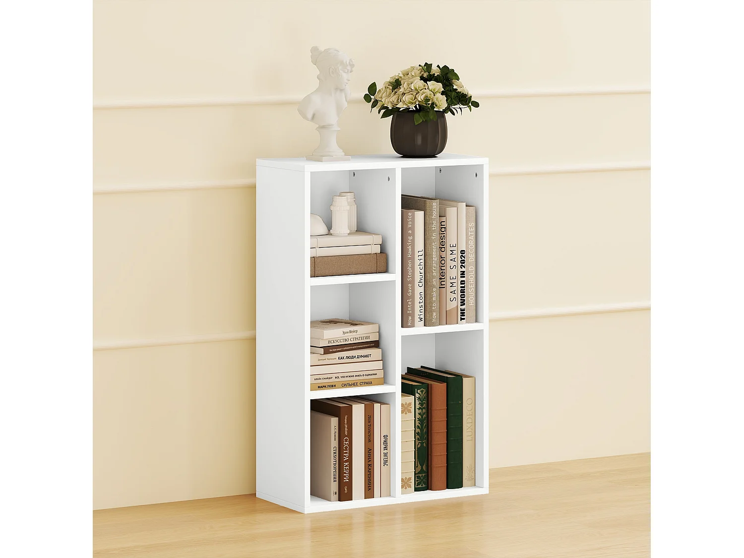 Sovi Wood White 2 Tier Bookcase with 5 Open Compartments