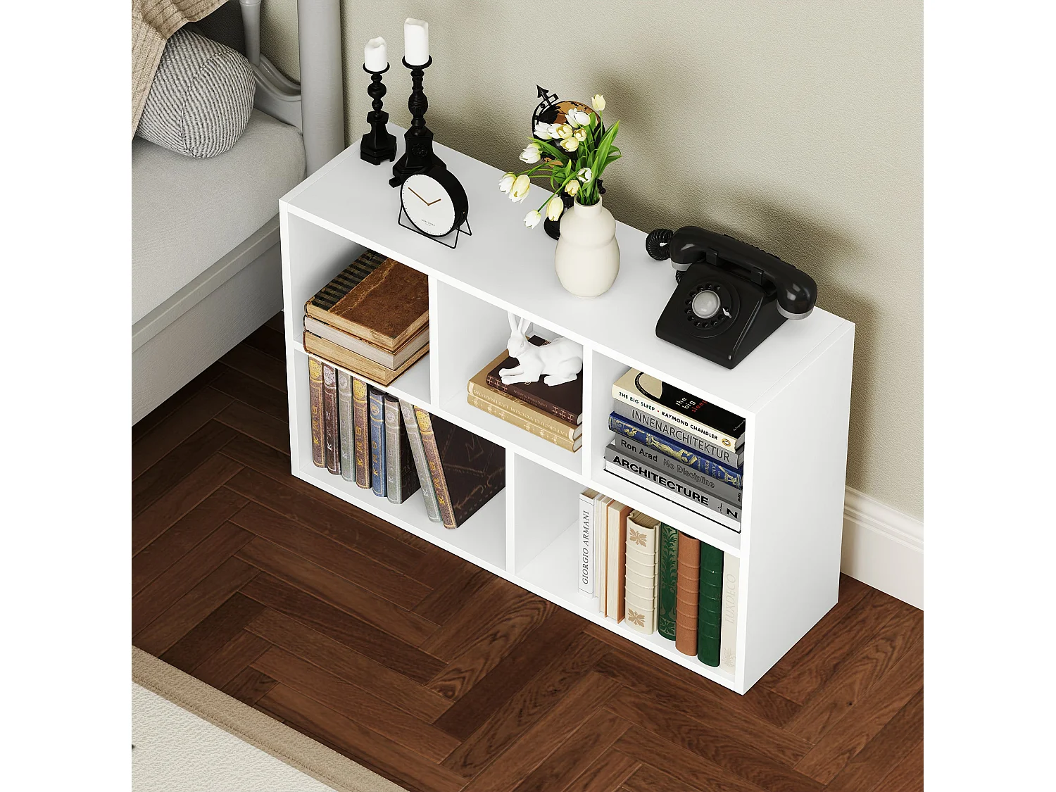 Sovi Wood White 2 Tier Bookcase with 5 Open Compartments