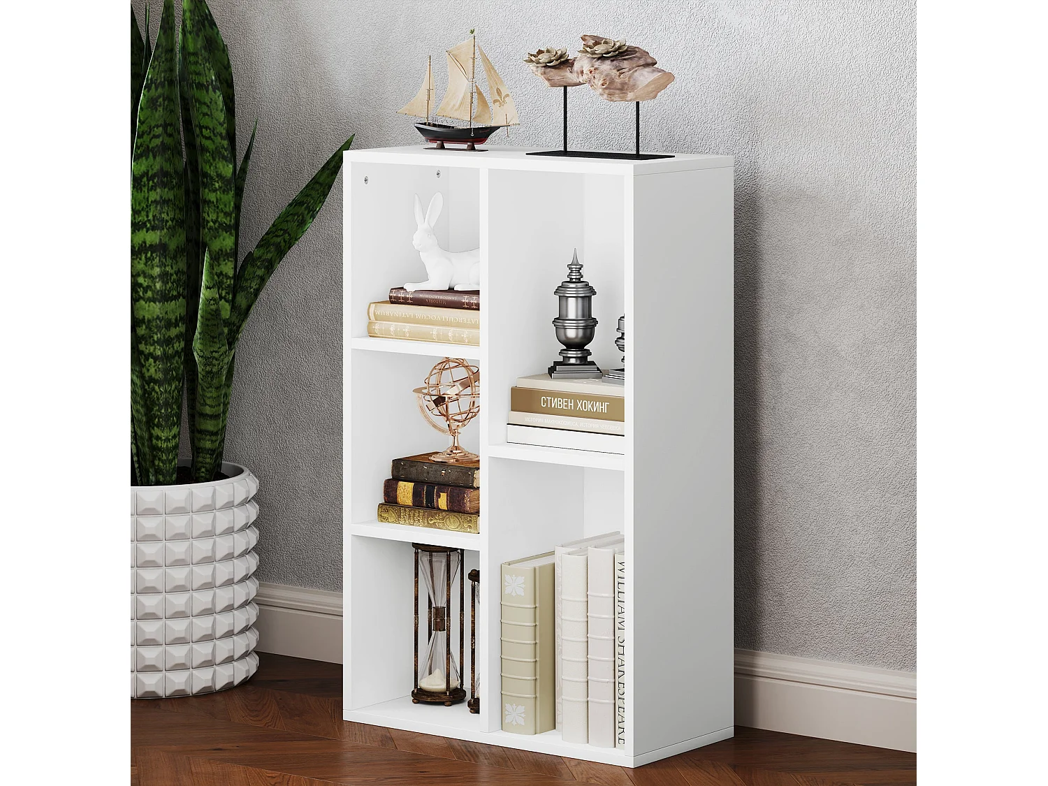 Sovi Wood White 2 Tier Bookcase with 5 Open Compartments