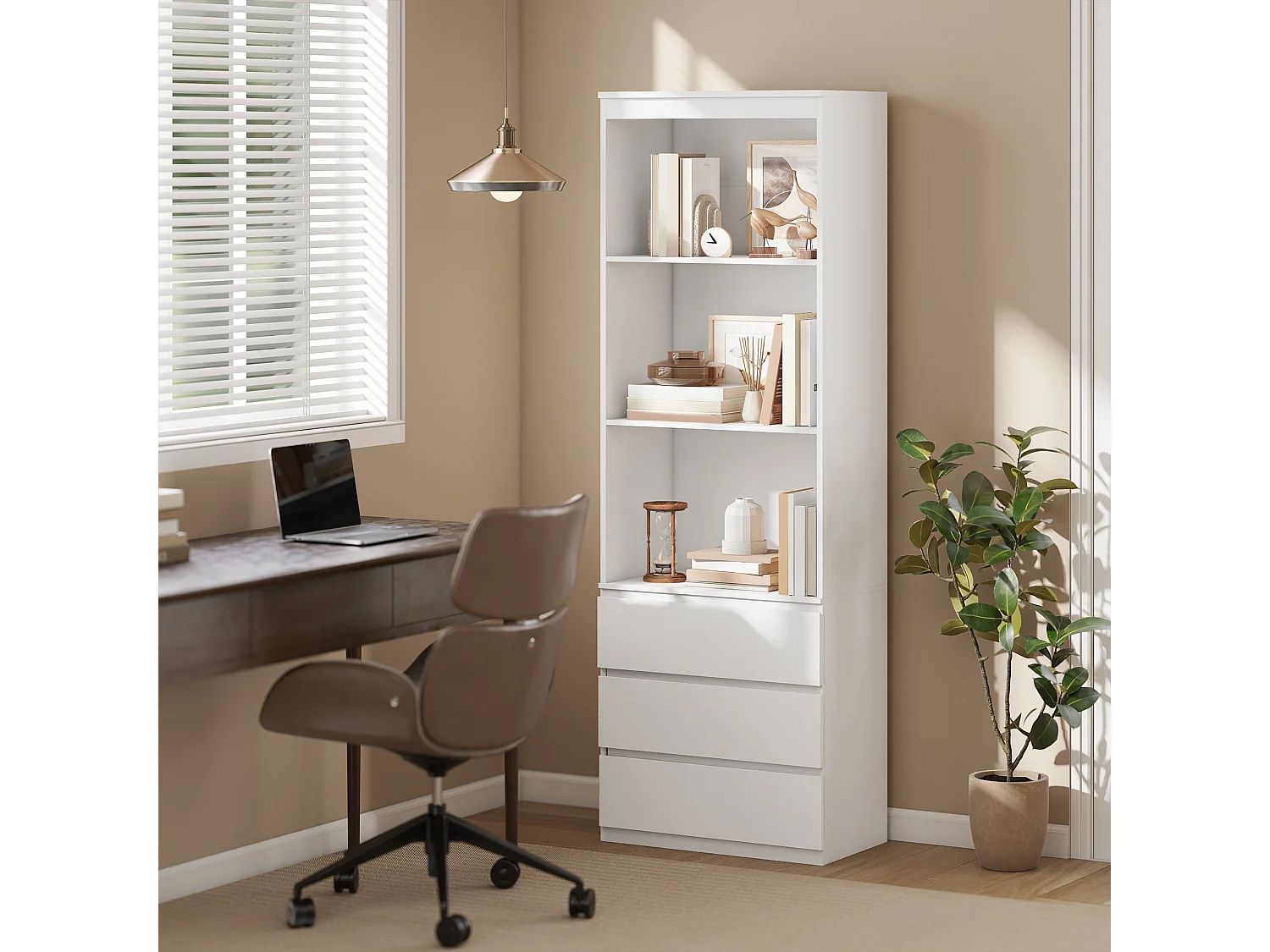 Seso Wood Tall White Bookcase 60x35x180cm with Shelves and Integrated Drawers