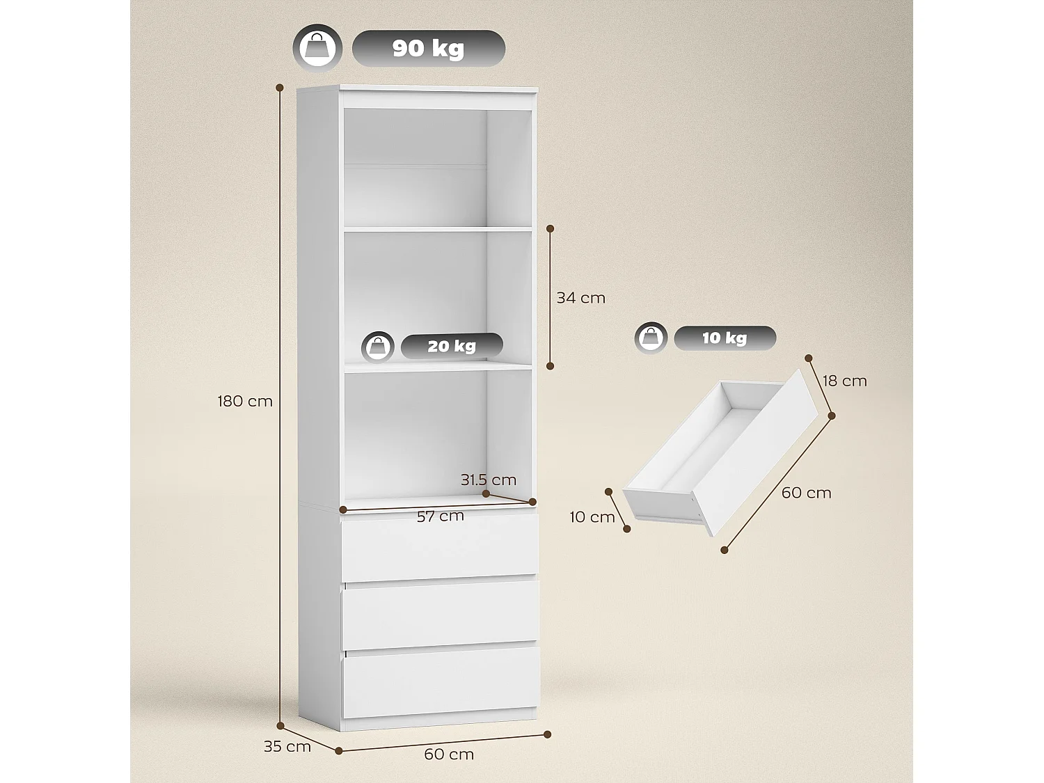 Seso Wood Tall White Bookcase 60x35x180cm with Shelves and Integrated Drawers