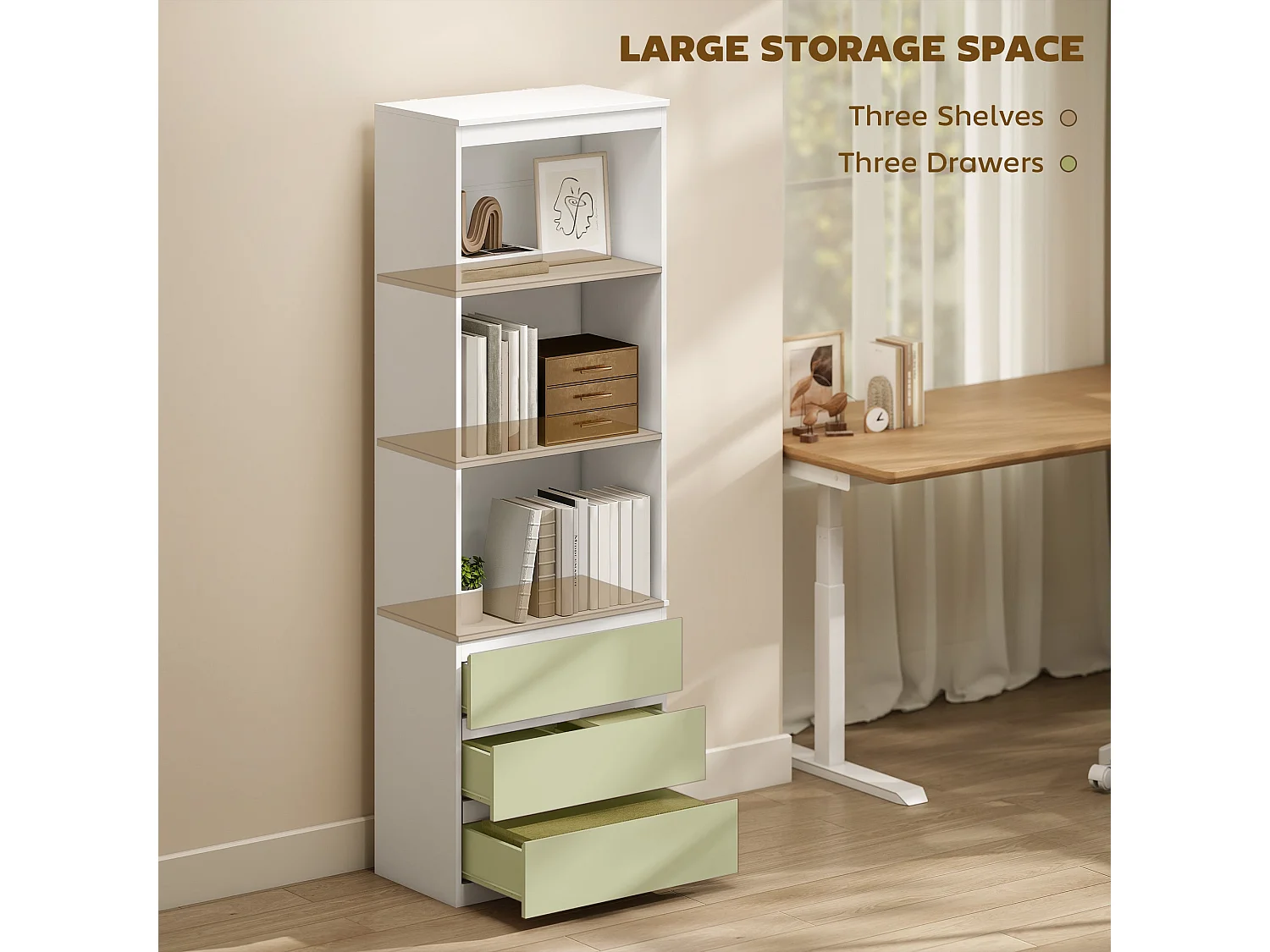 Seso Wood Tall White Bookcase 60x35x180cm with Shelves and Integrated Drawers